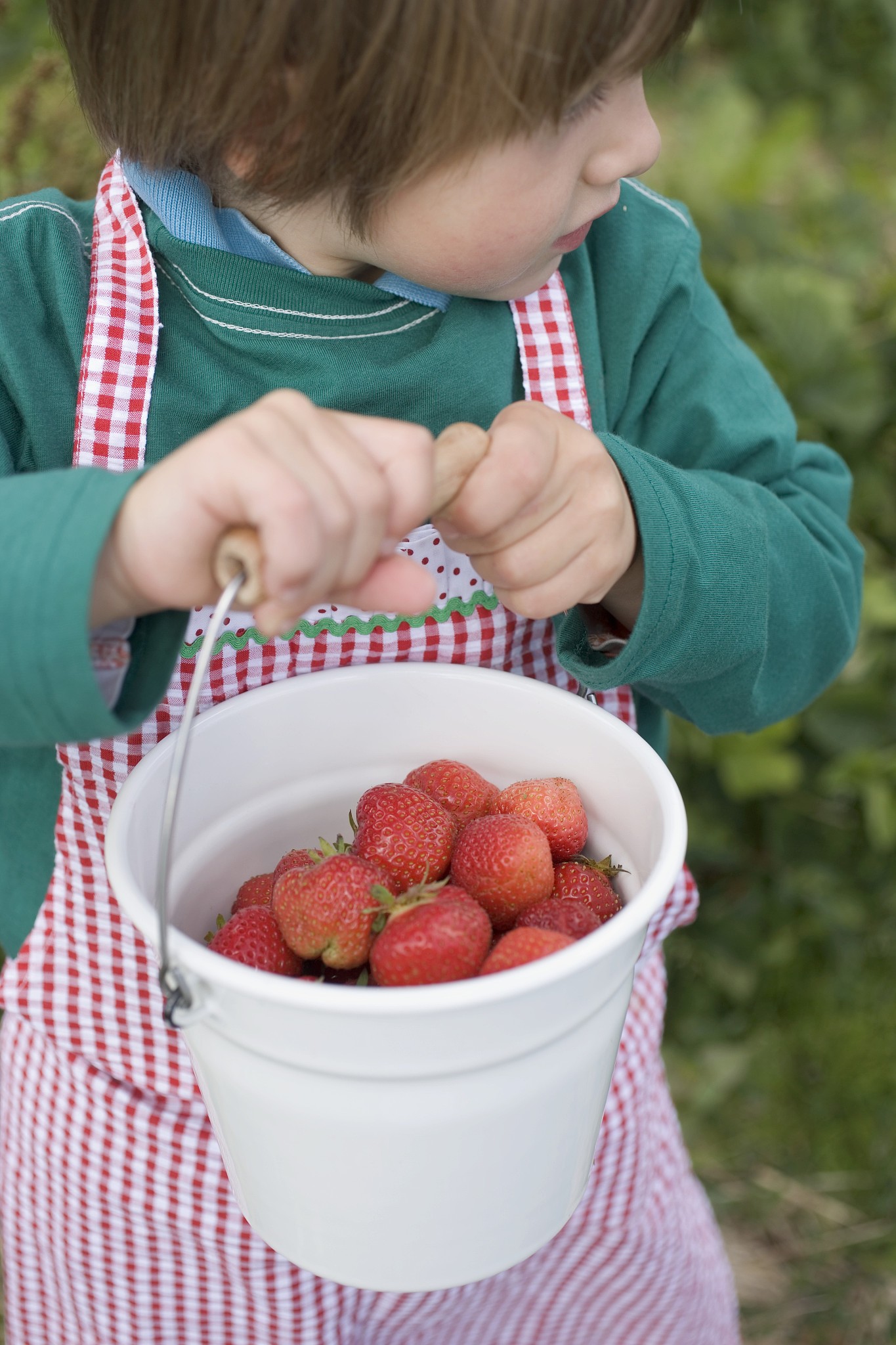 child holding bucket of strawberries