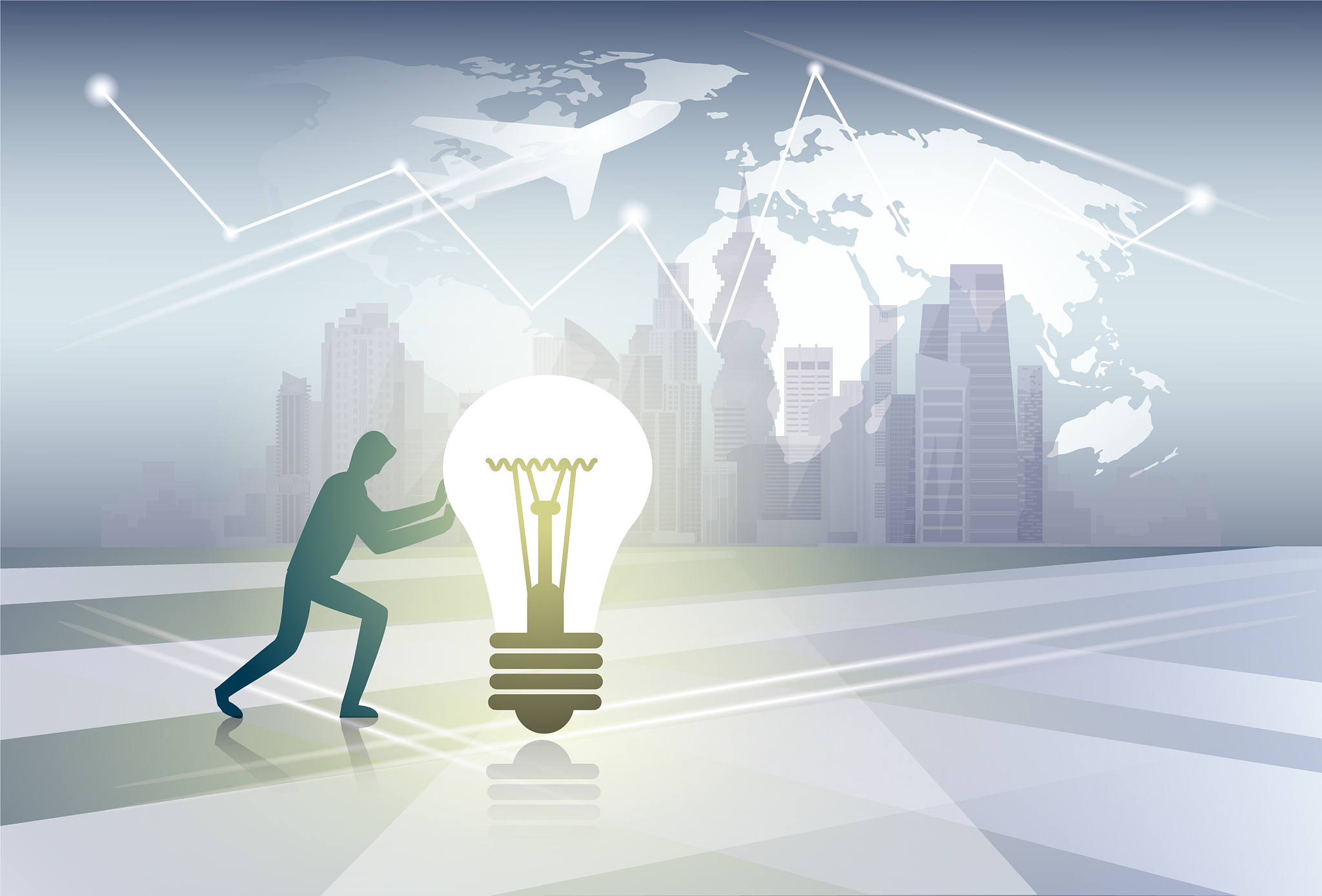 silhouette business man pushing light bulb new