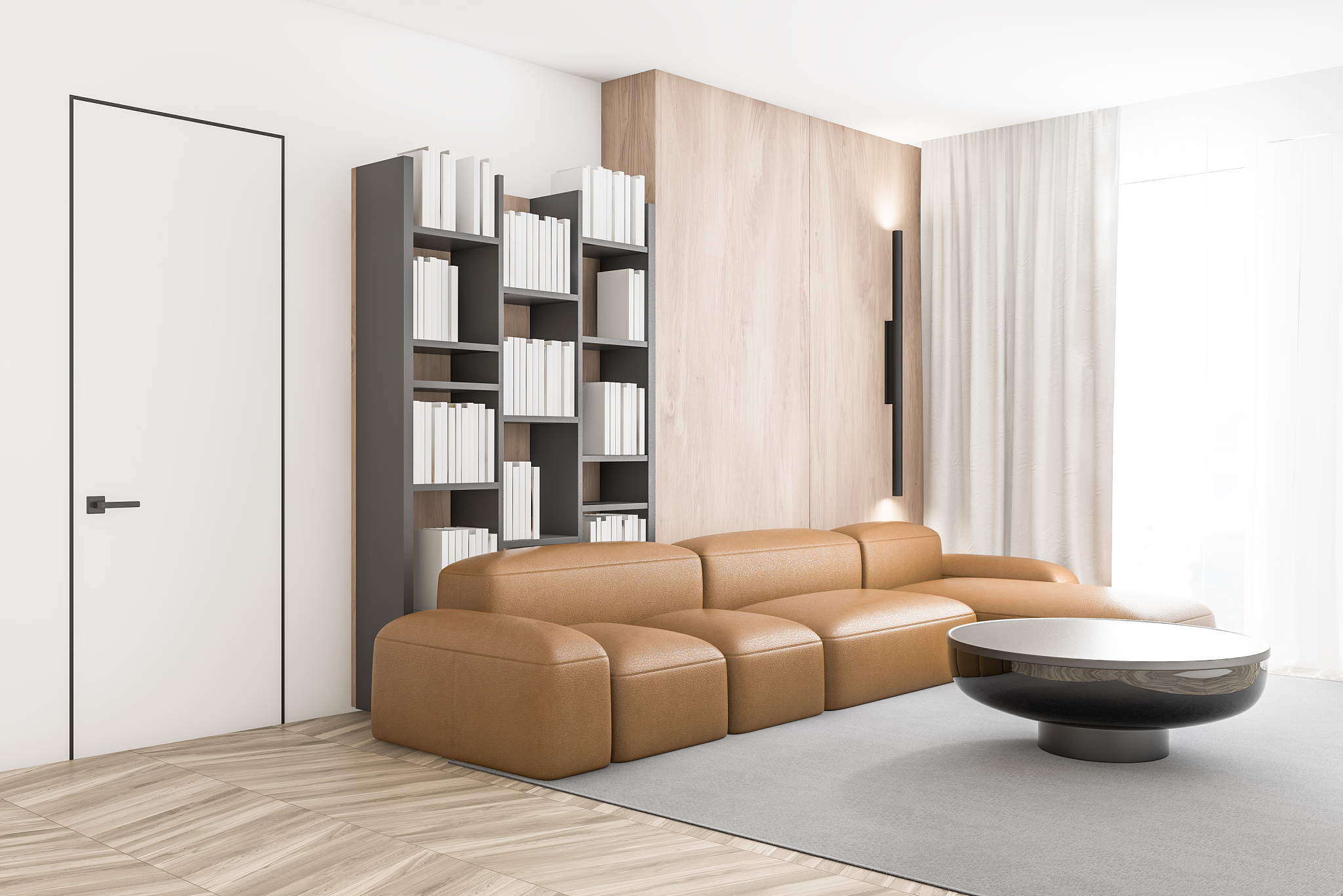 white living room corner leather sofa and bookcase