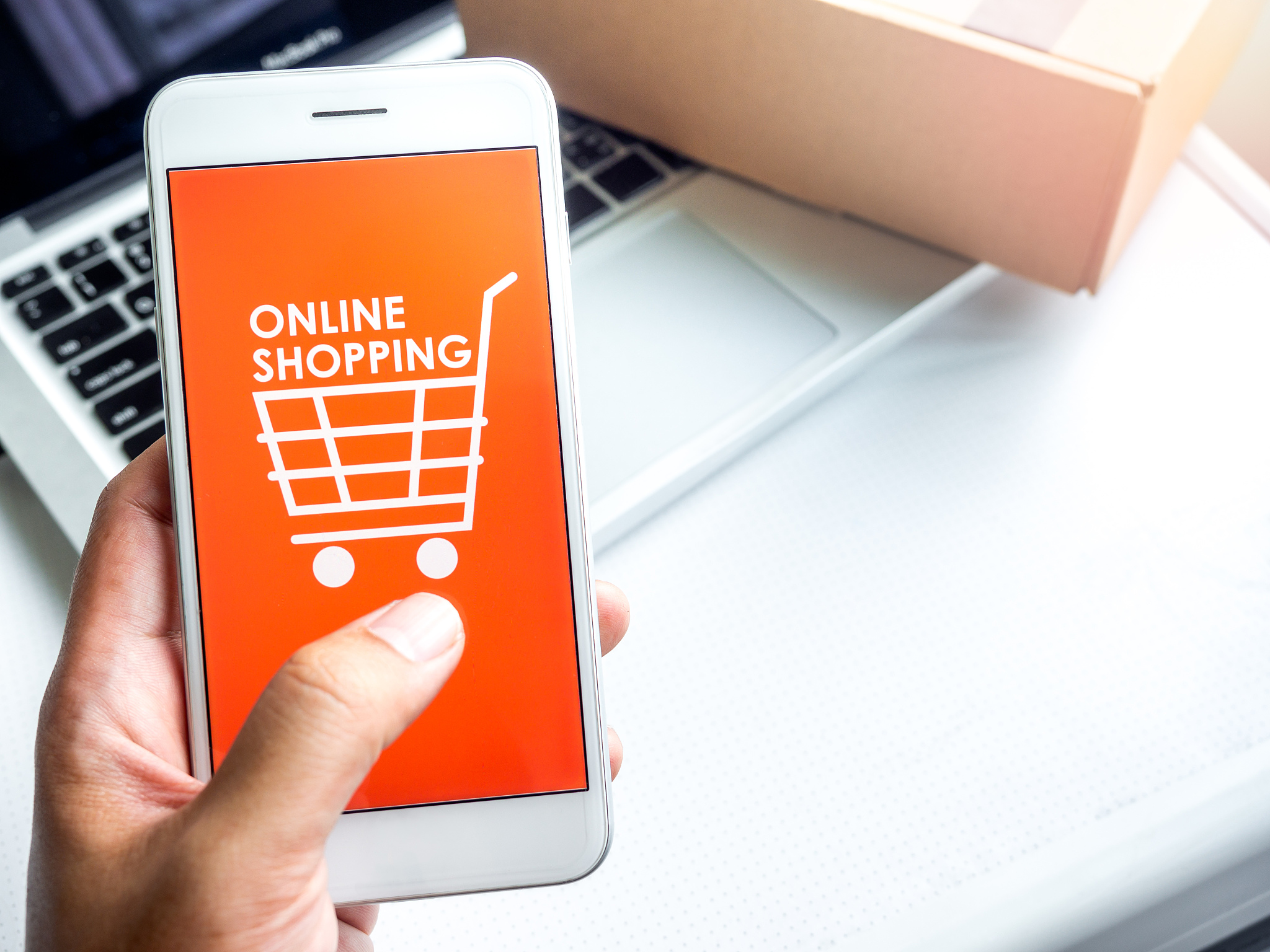 online shopping concept. words "online shopping" and shopping ca