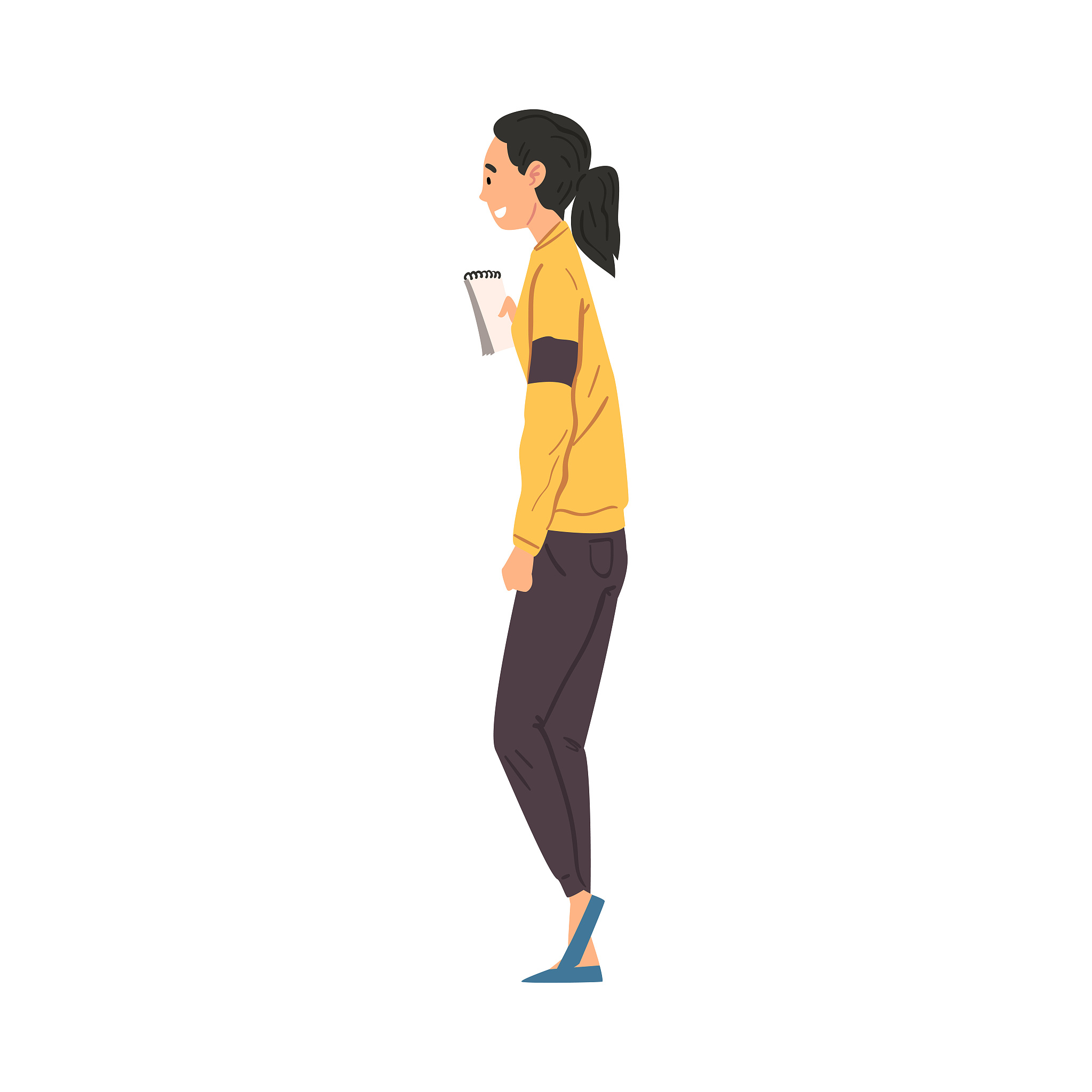 side view of smiling young woman making notes cartoon vector ill