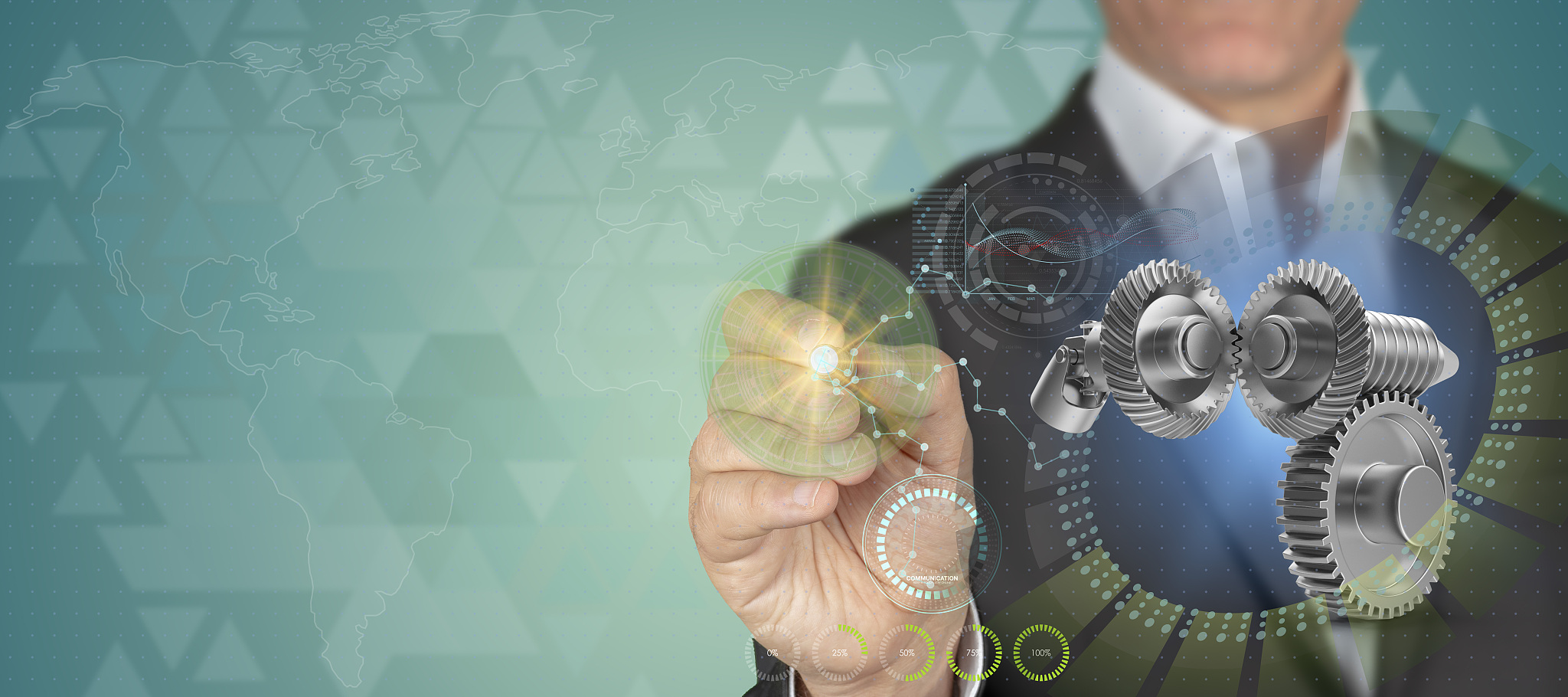 machinery industry concept. businessman pointing 3d gear set obj