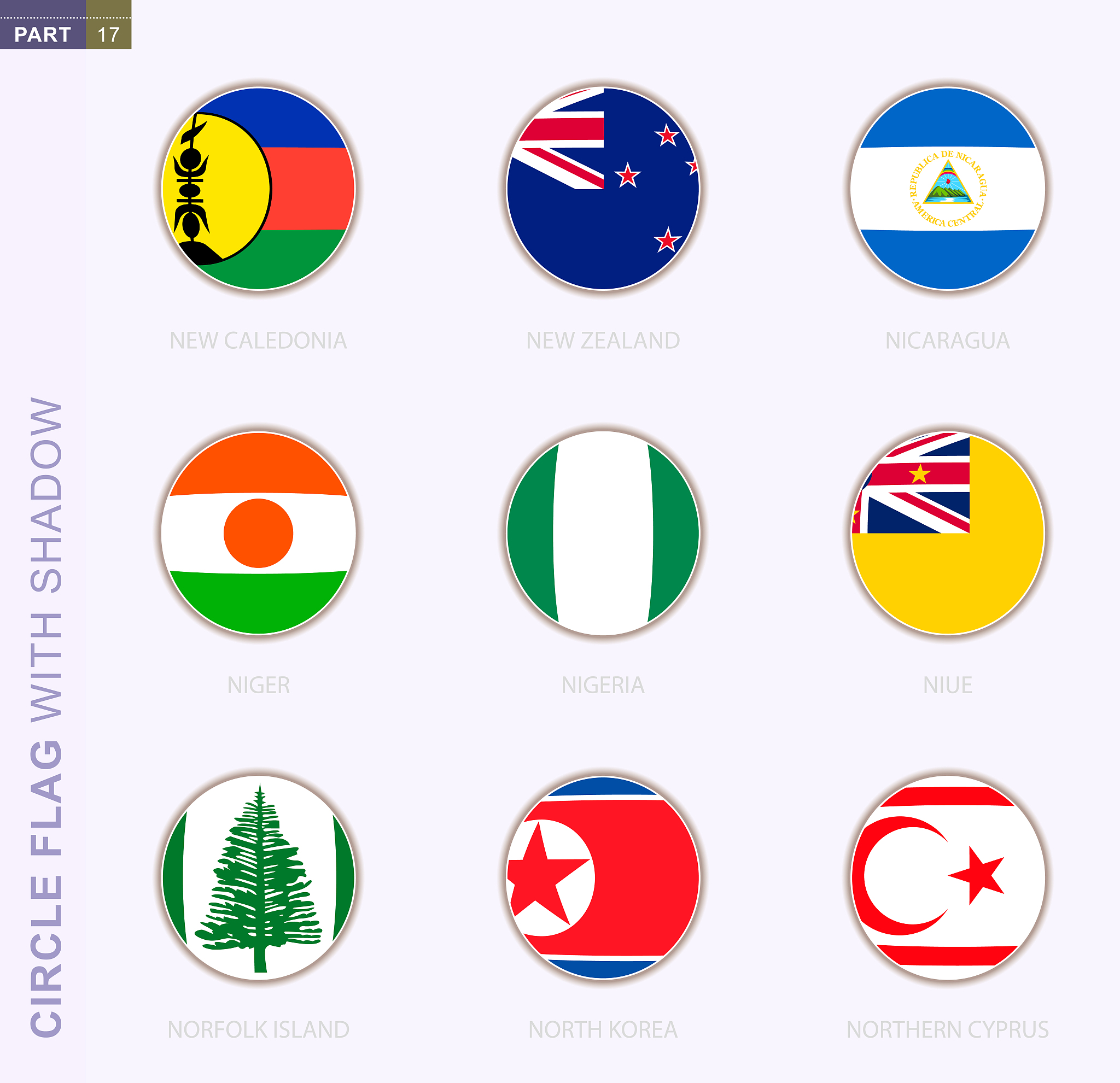 circle flag with shadow, collection of nine round flag. vector f