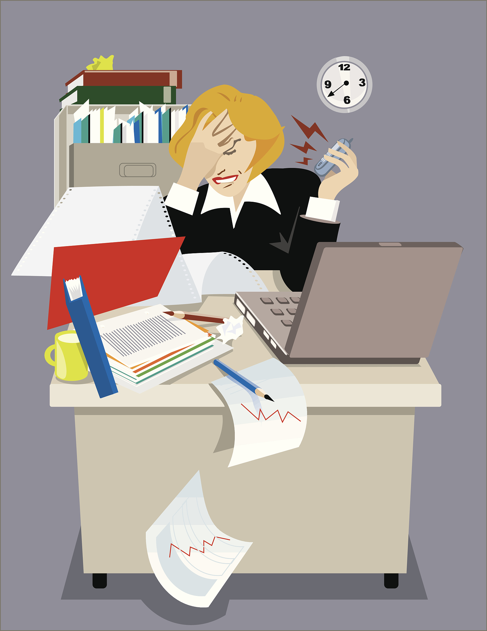 stressed executive woman in his office.