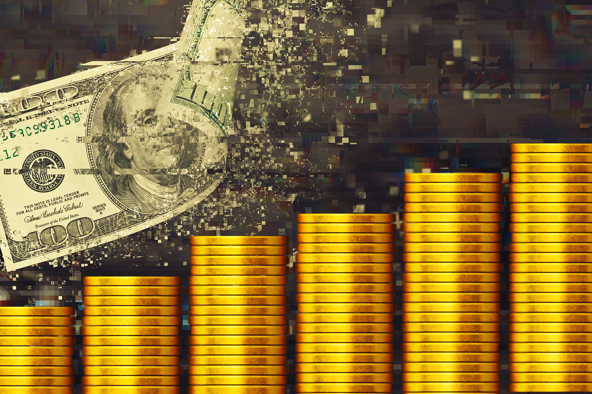 money transfer with stack of cryptocurrency coins
