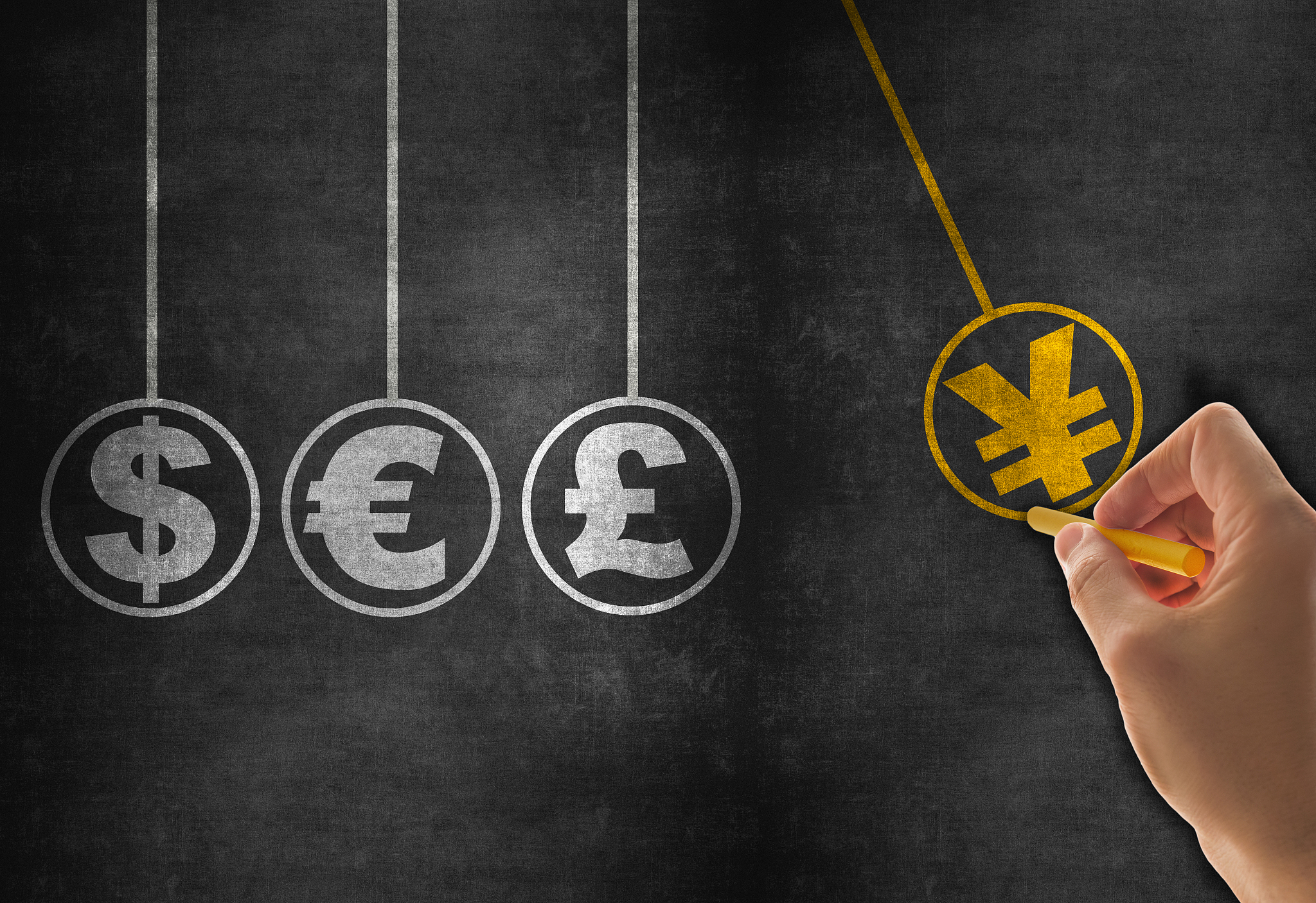 pendulum with currency symbols on blackboard