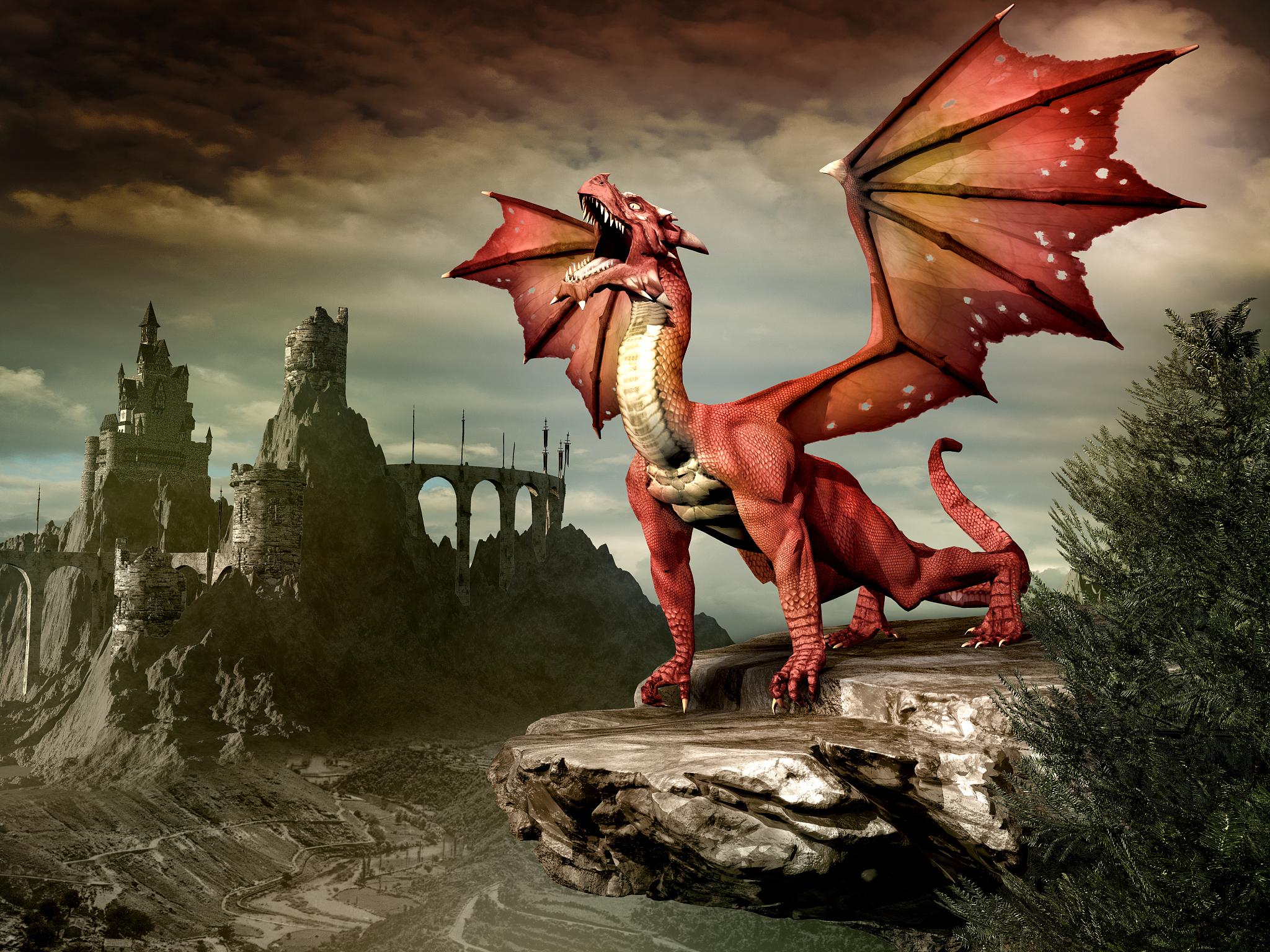 red dragon on the rock