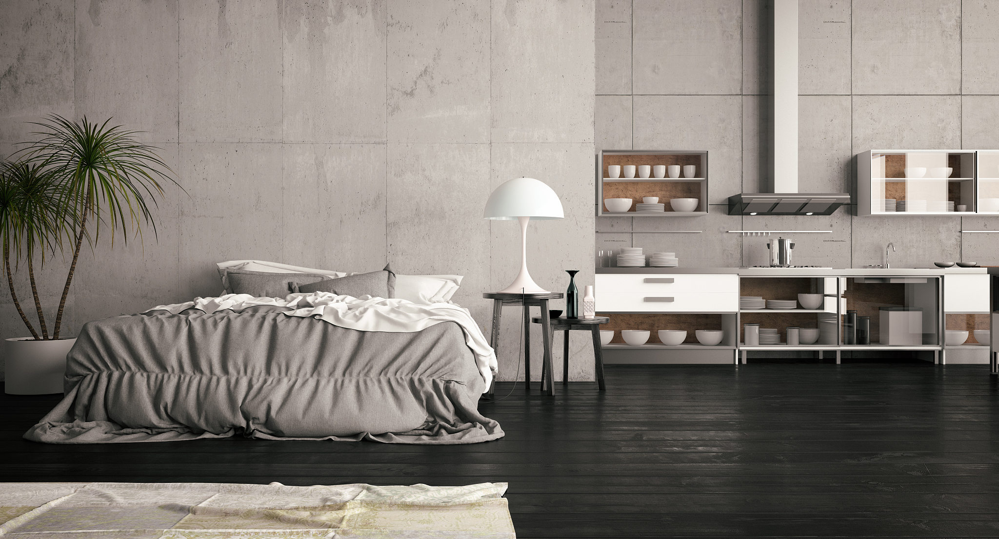 loft open bedroom with kitchen