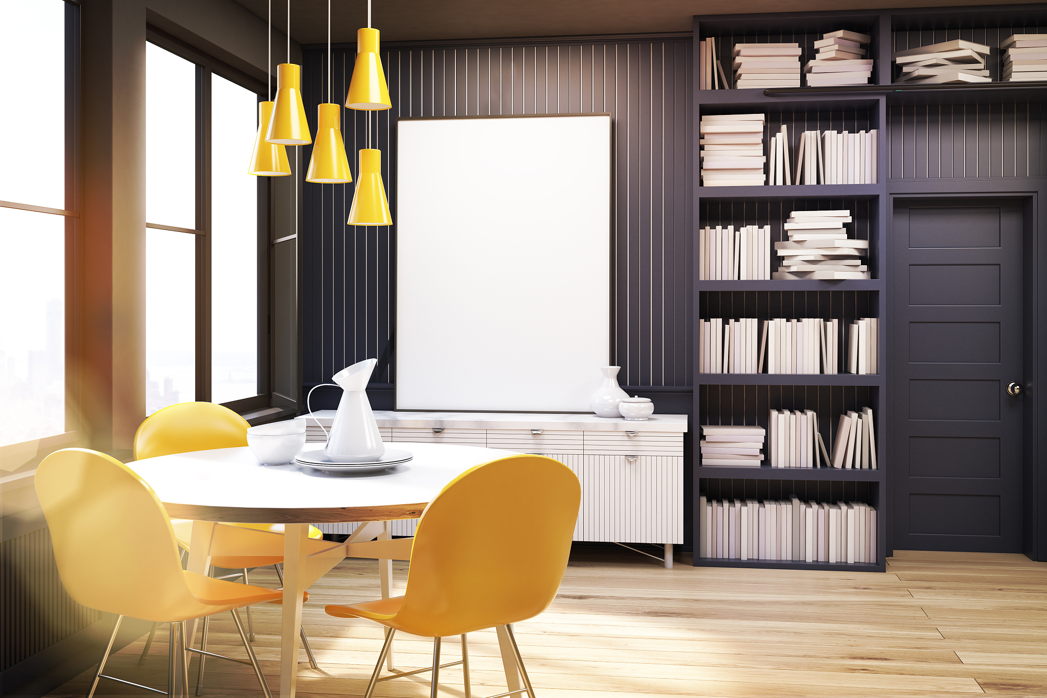 home library with a round table, black