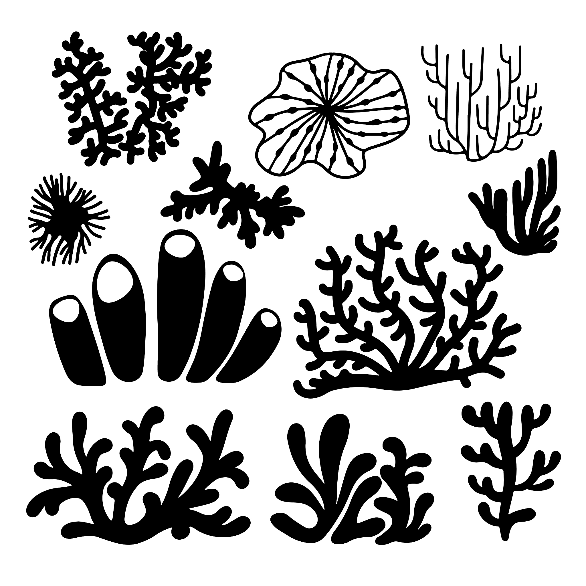 vector set illustration of black sea corals and seaweed isolated