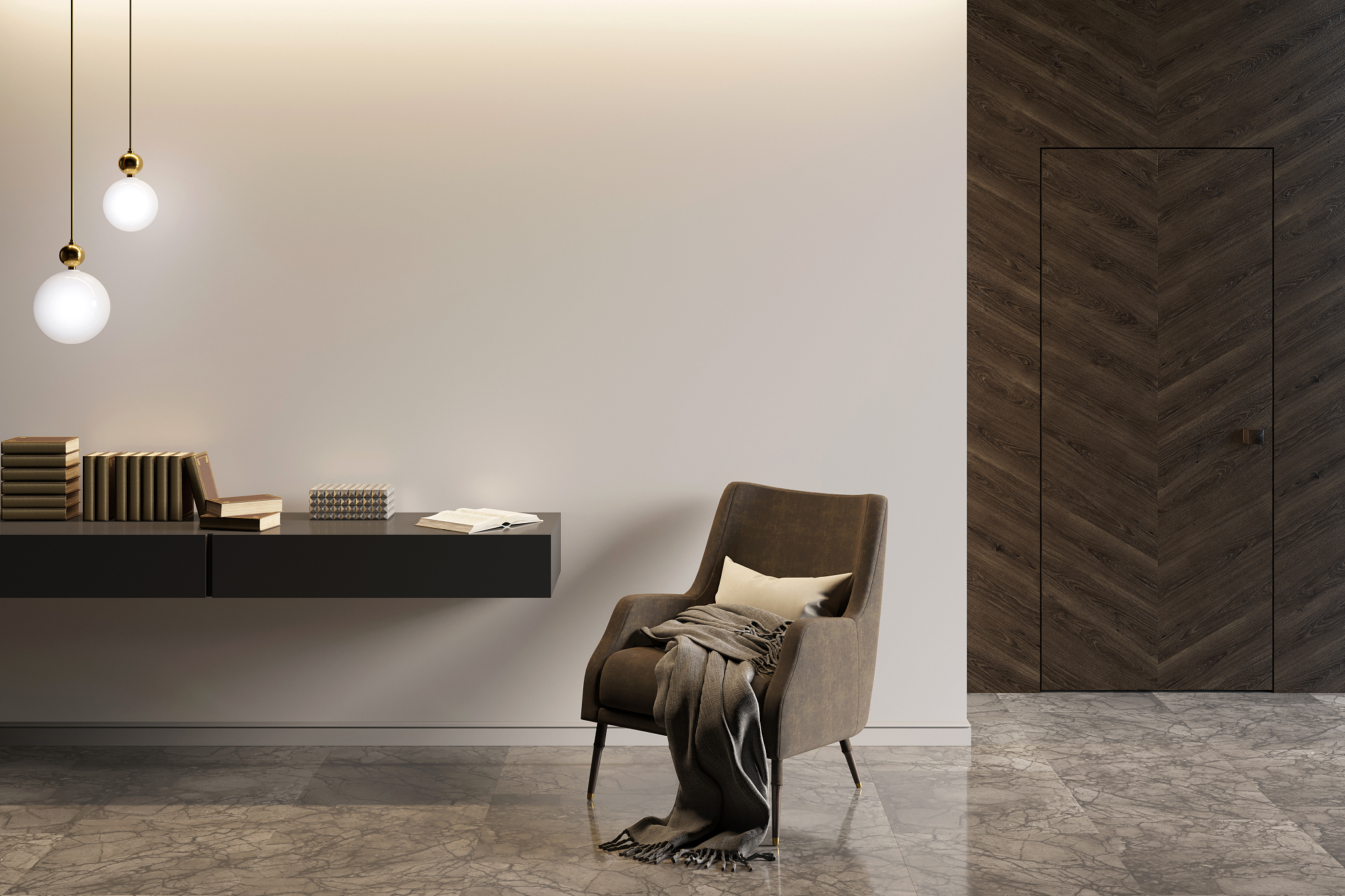modern interior with an armchair and a stand with decor, marble 
