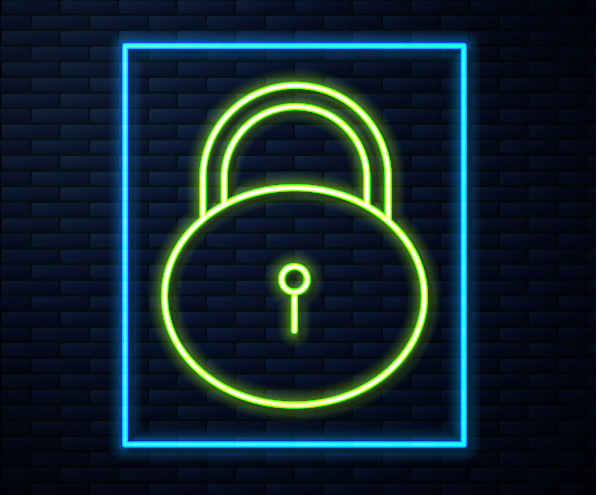 glowing neon line lock icon isolated on brick wall