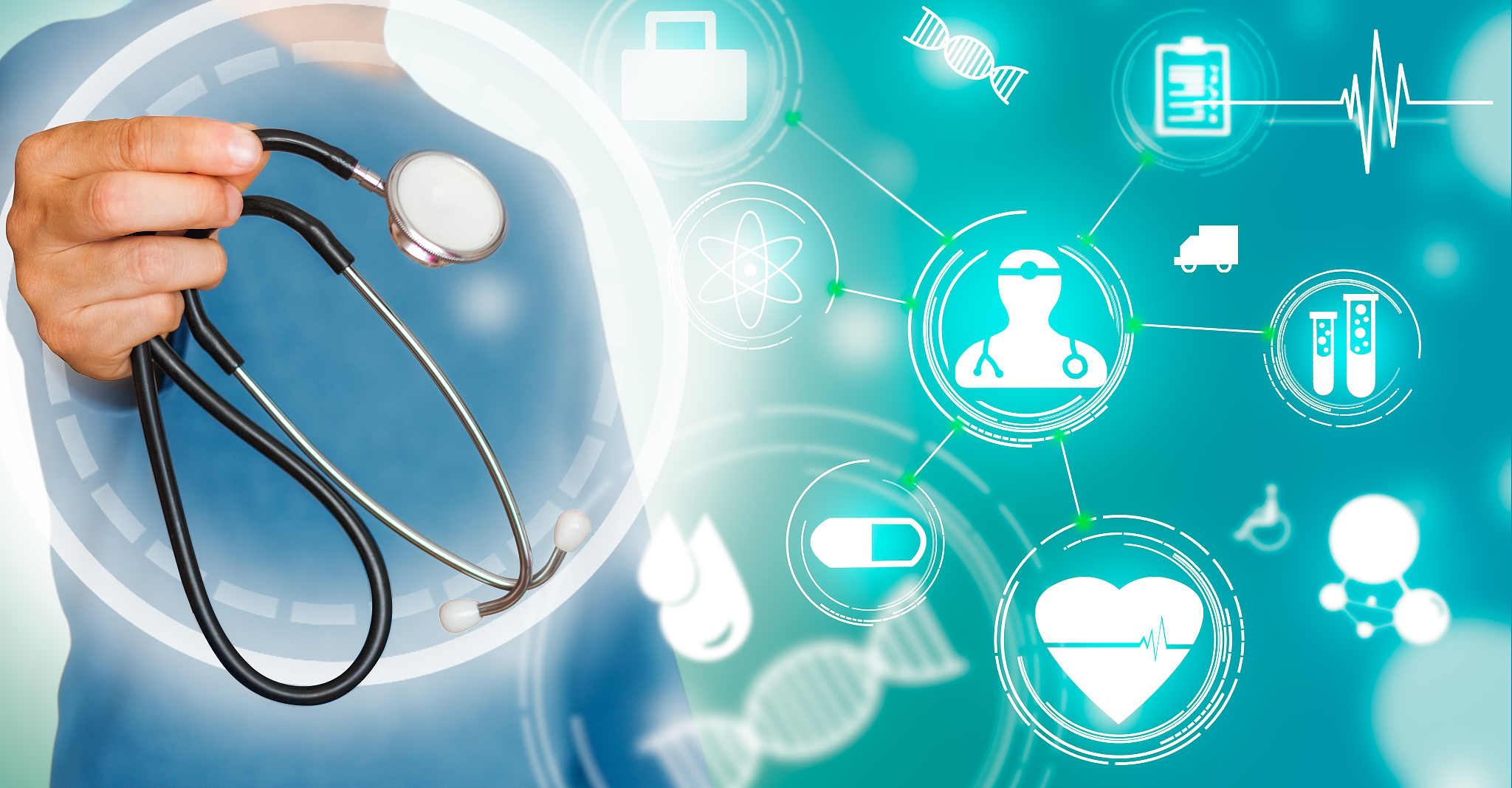 doctor with stethoscope on green background with medical icons.