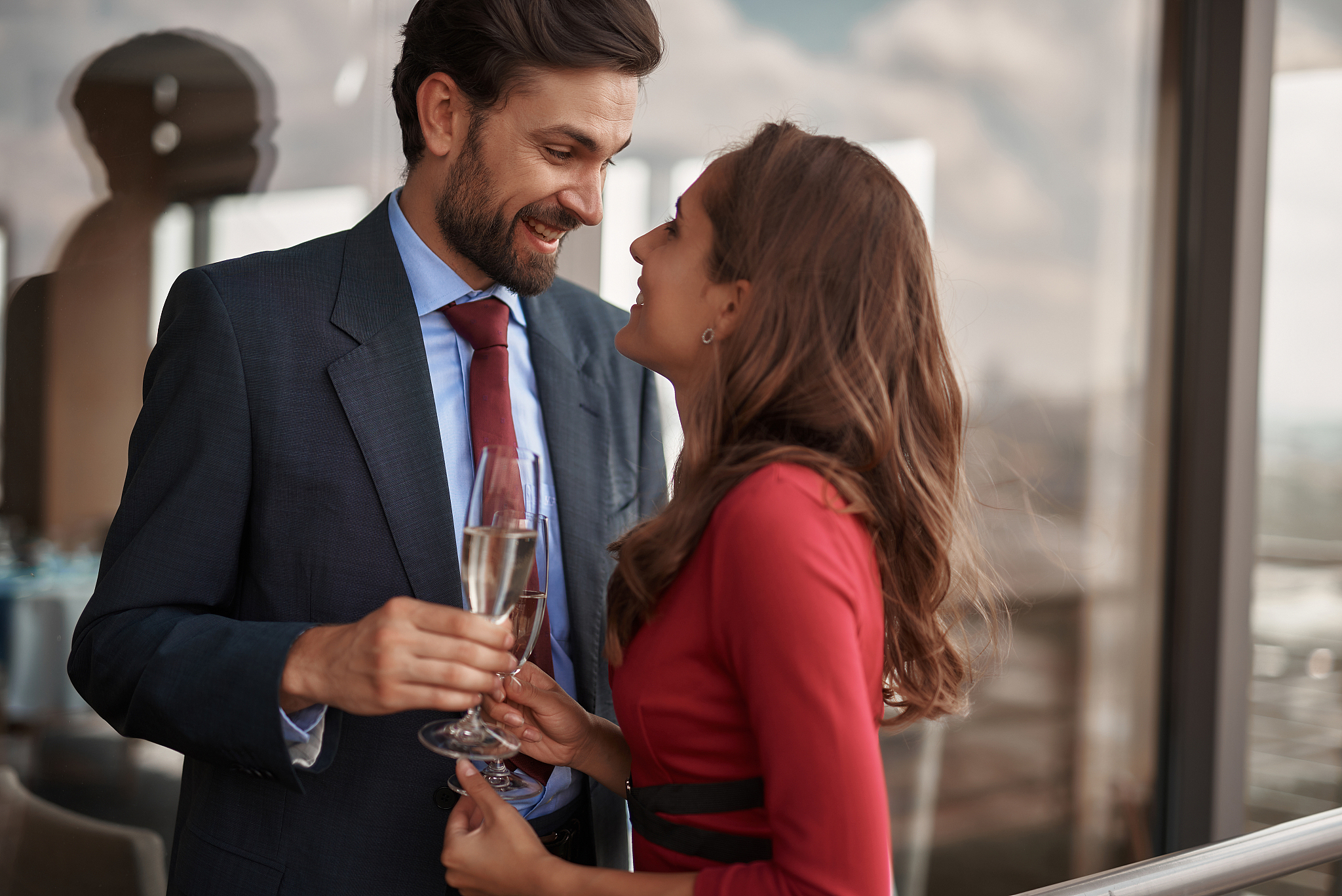 happy adult man and woman having romantic meeting