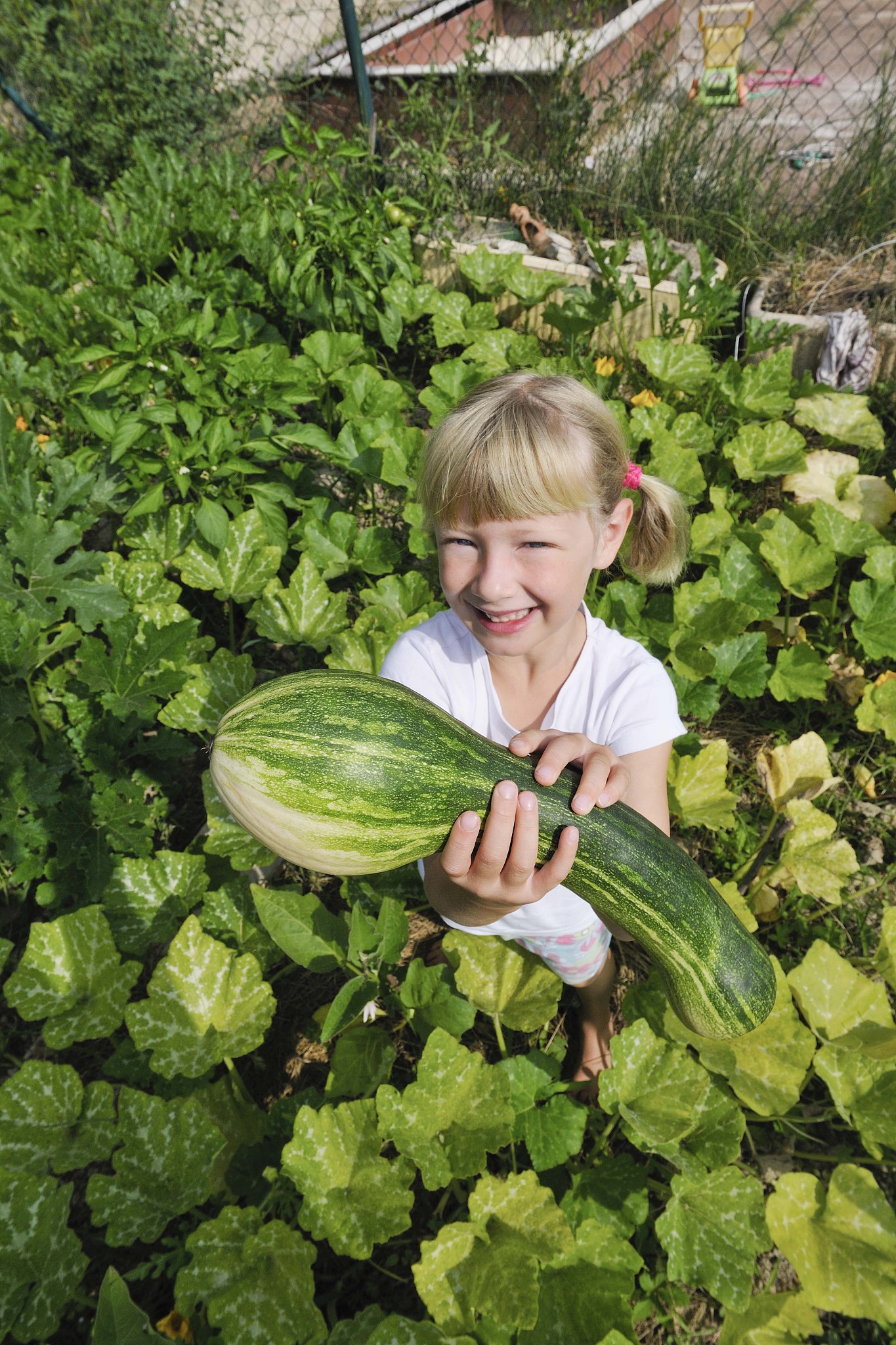 girl holding squash in field