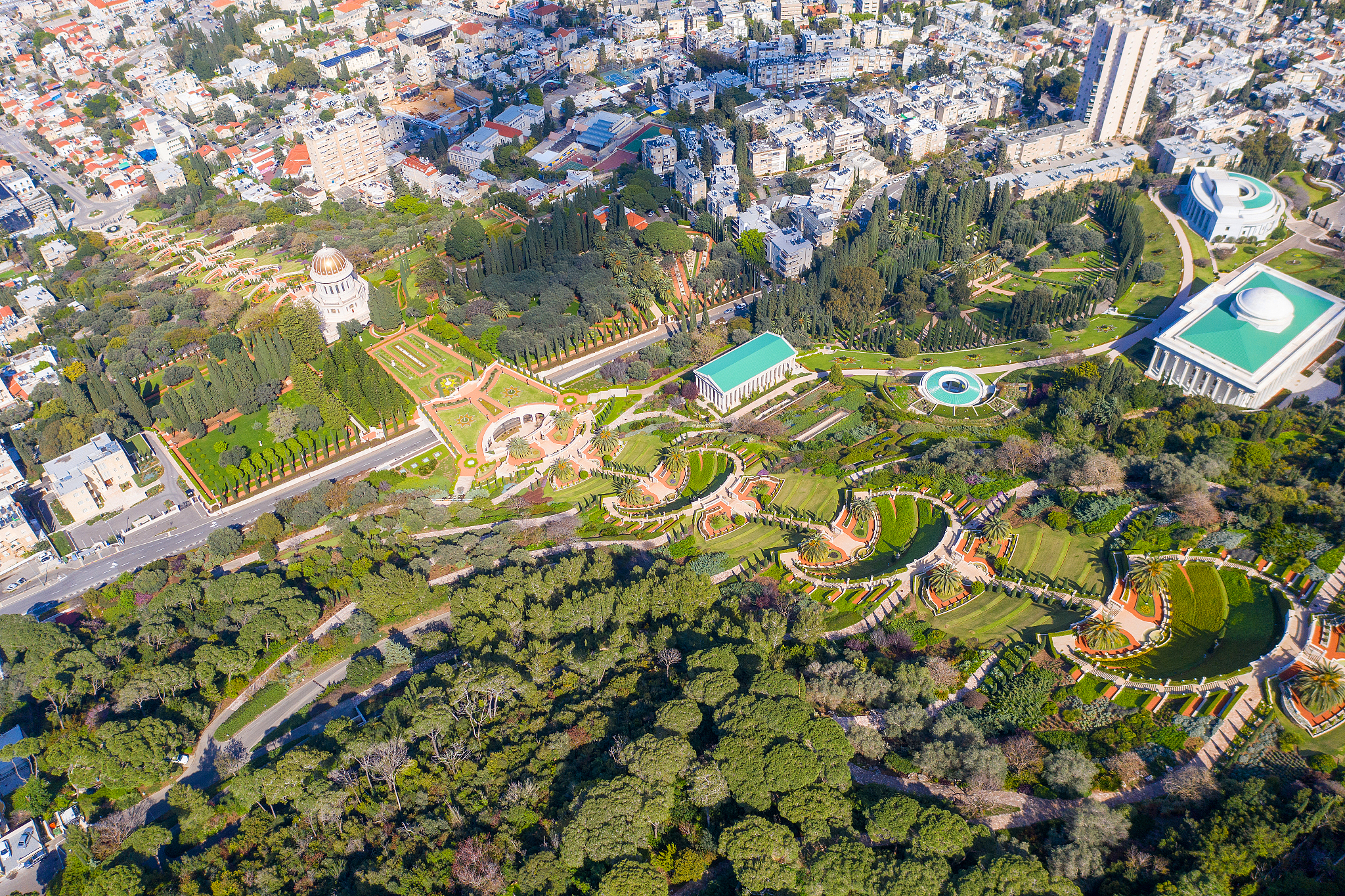 aerial image of the bahai temple and gardens.
