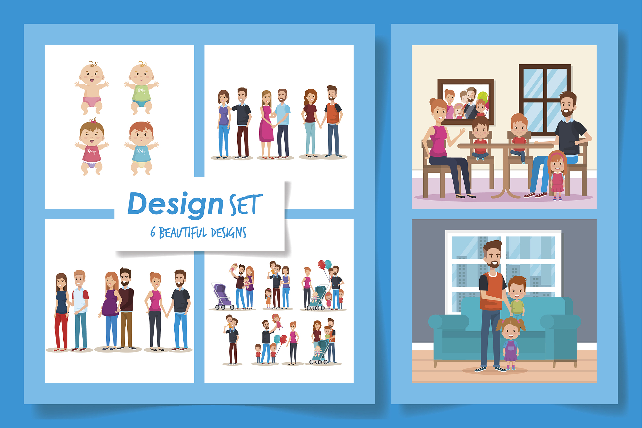 six designs of cute family in different places