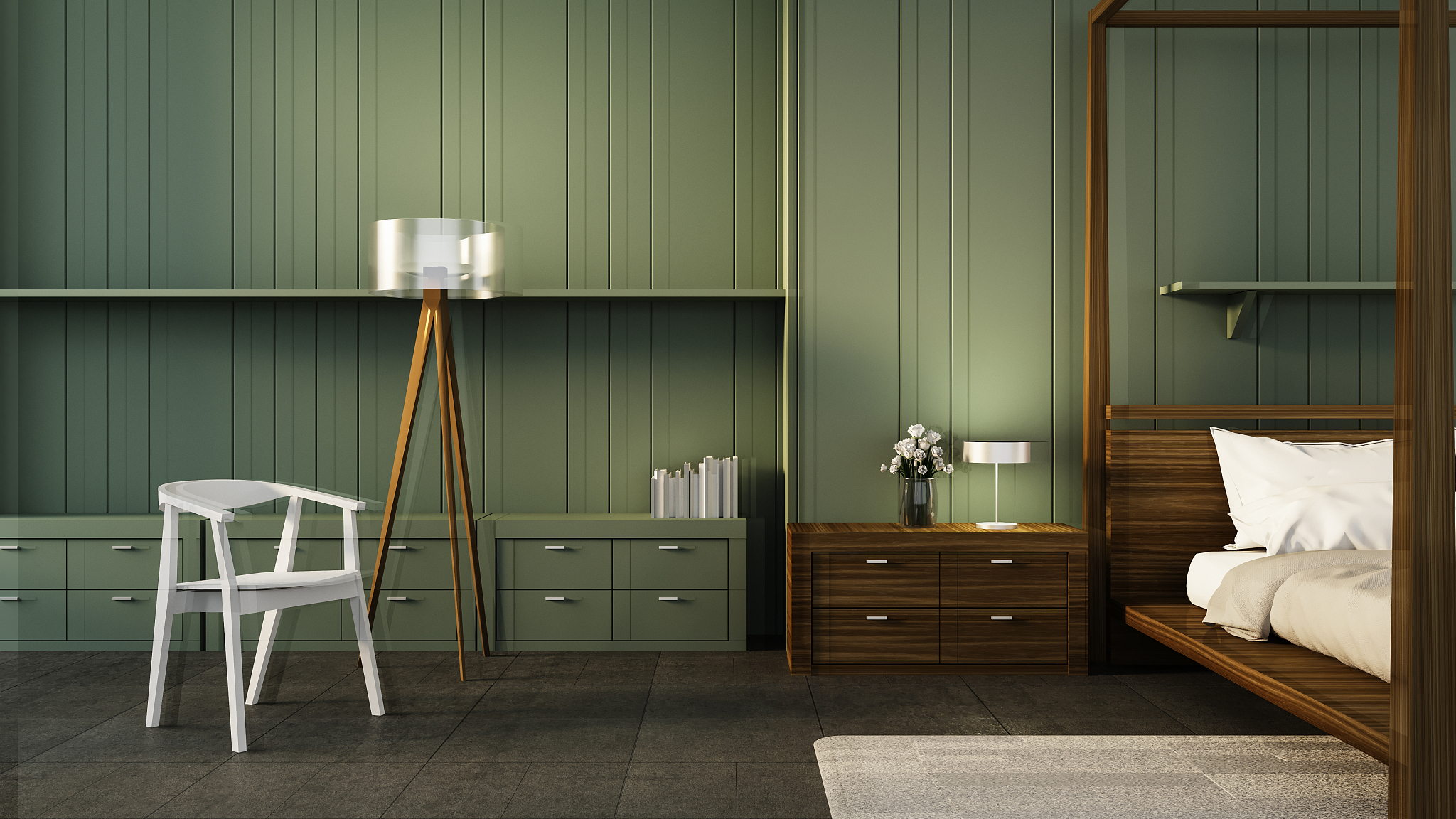 classic bedroom interior & green wall / 3d rendering interior