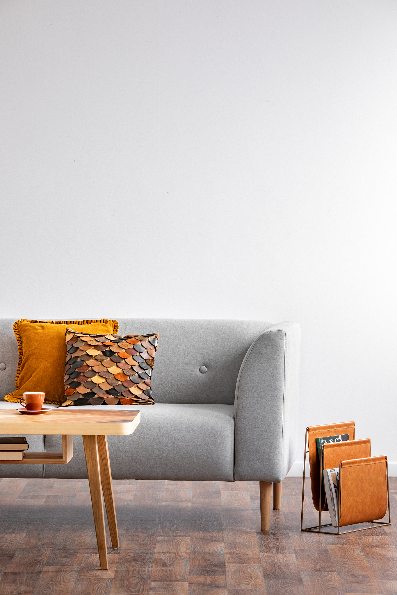 coffee table with cup in bright scandinavian living room interio