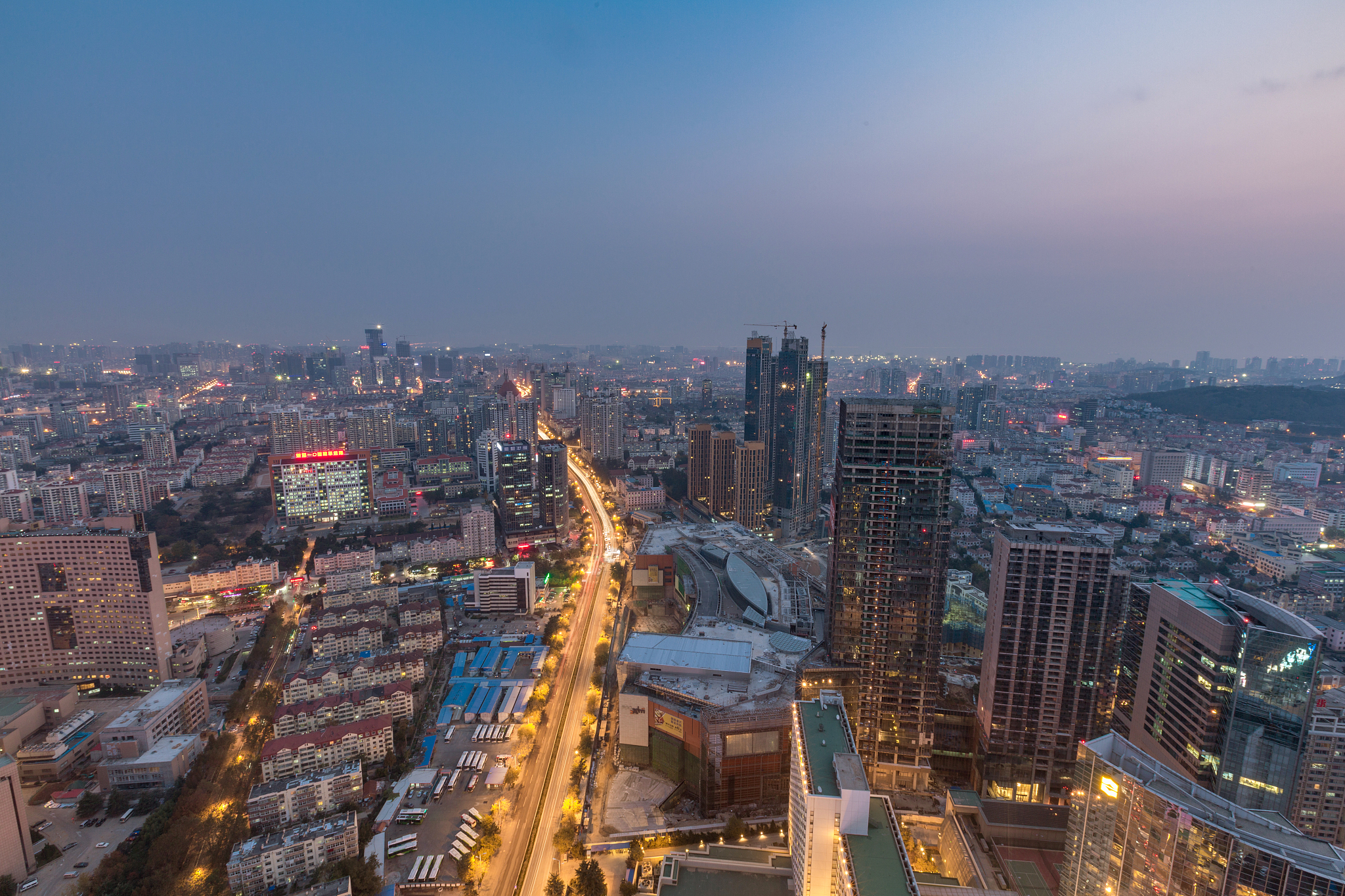 aerial view of qingdao skyline at night