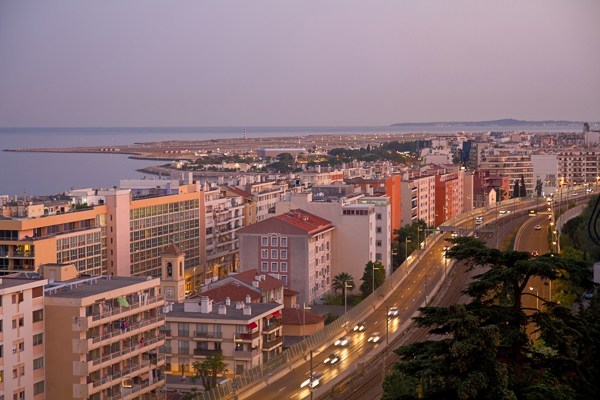 panoramic evening view of nice, france