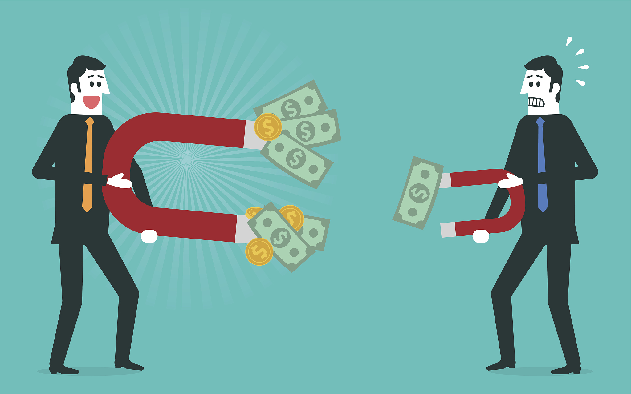 businessman attracts money with a large magnet