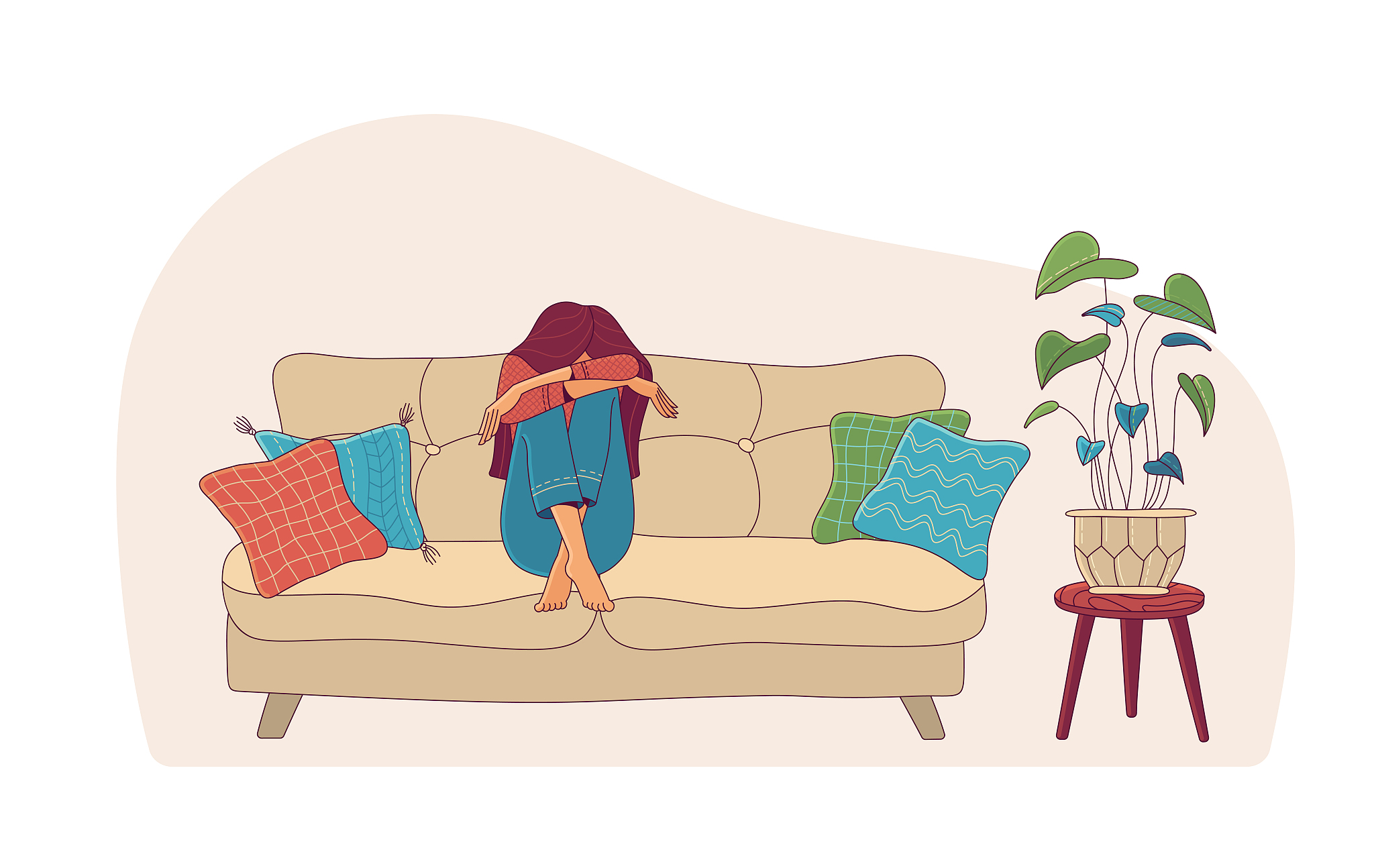 upset woman hiding face on sofa as mental health concept