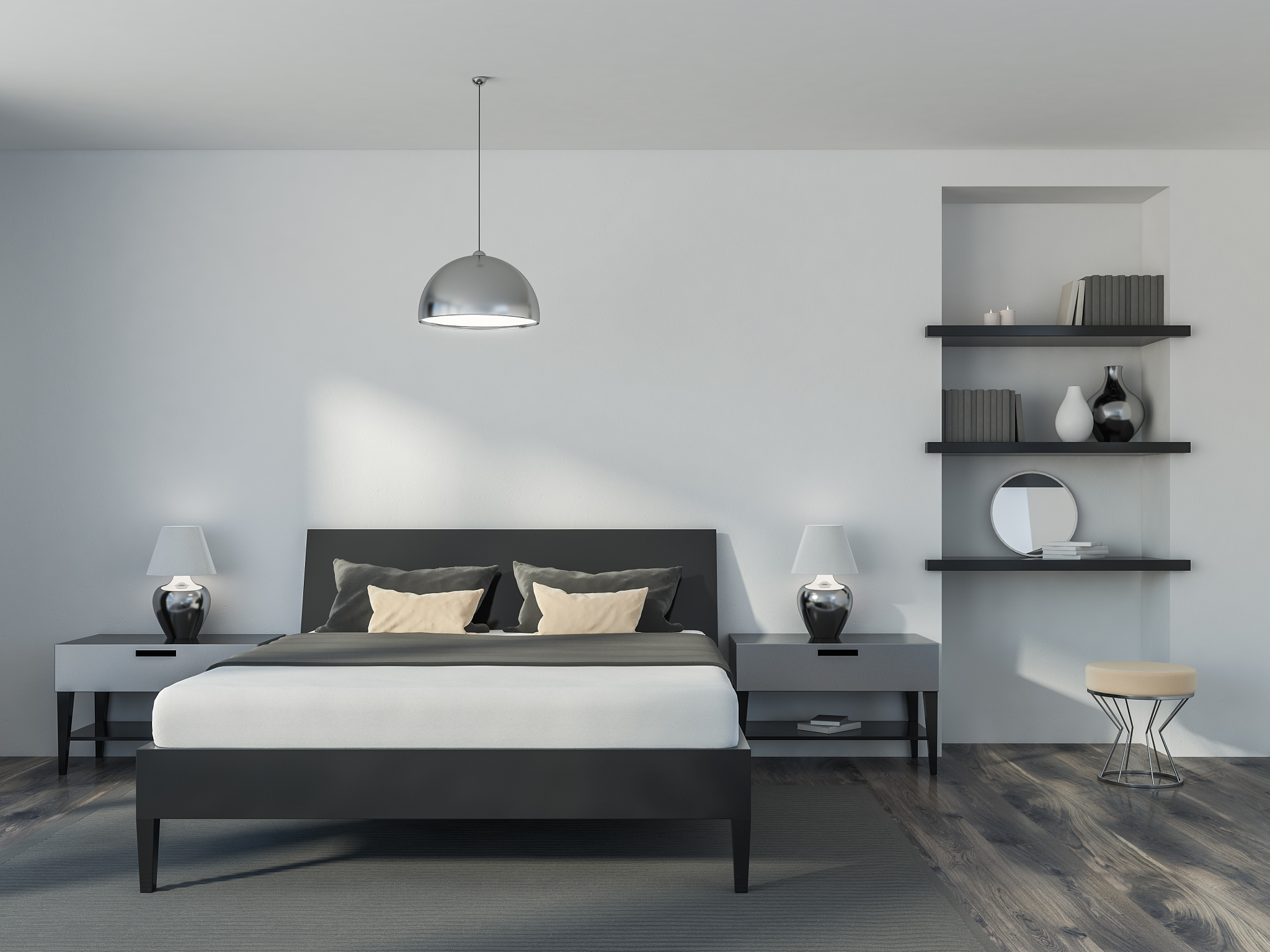 white bedroom interior, bookcase