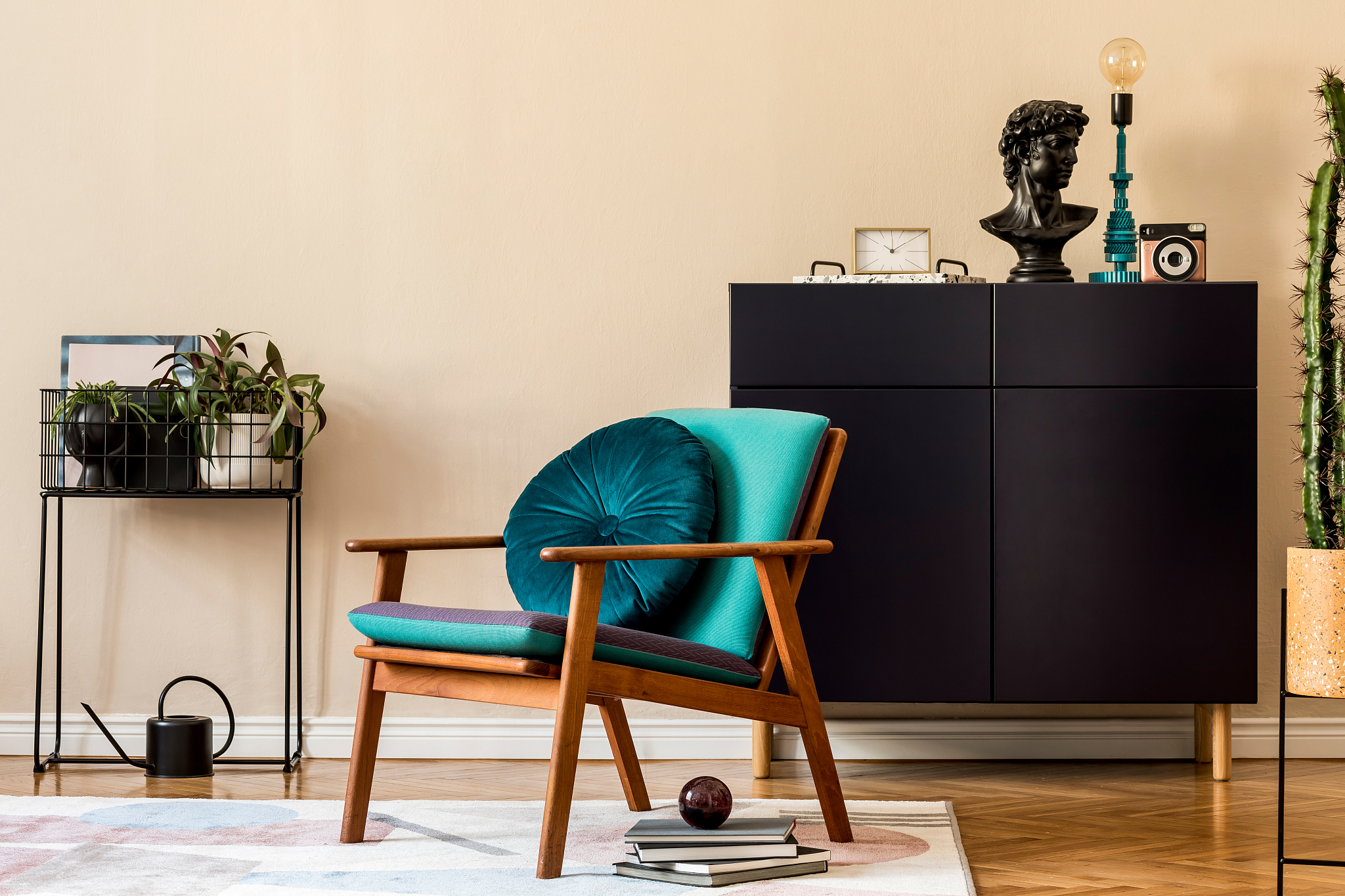 interior design of retro modern living room with stylish blue na