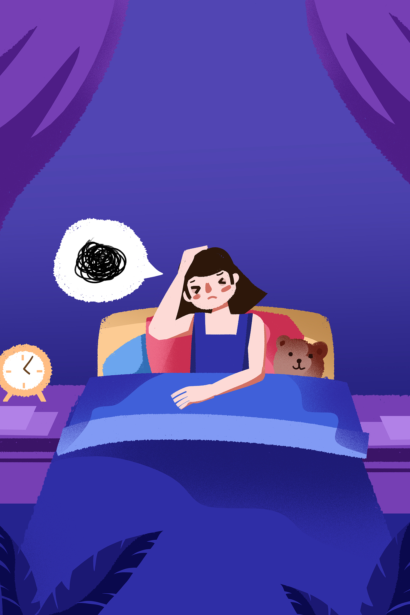 卡通手绘女孩熬夜失眠插画