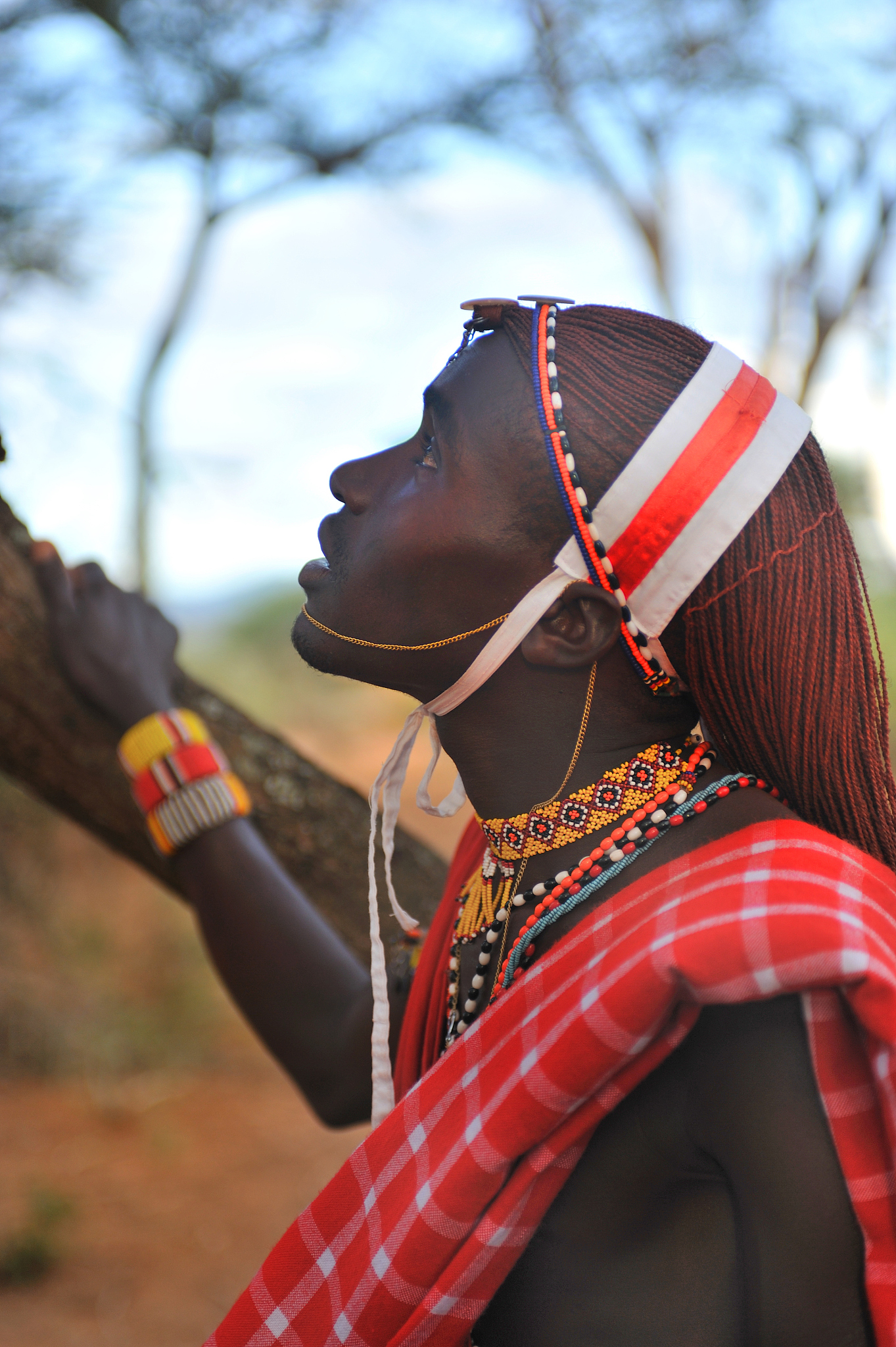 masai warrior with traditional hair and jewellery, kenya