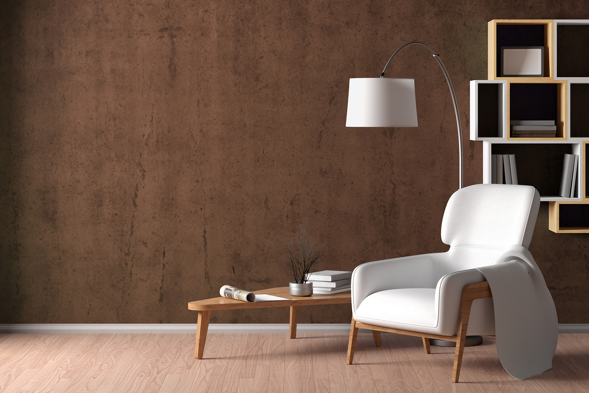 interior of living room with cozy white leather armchair with pl