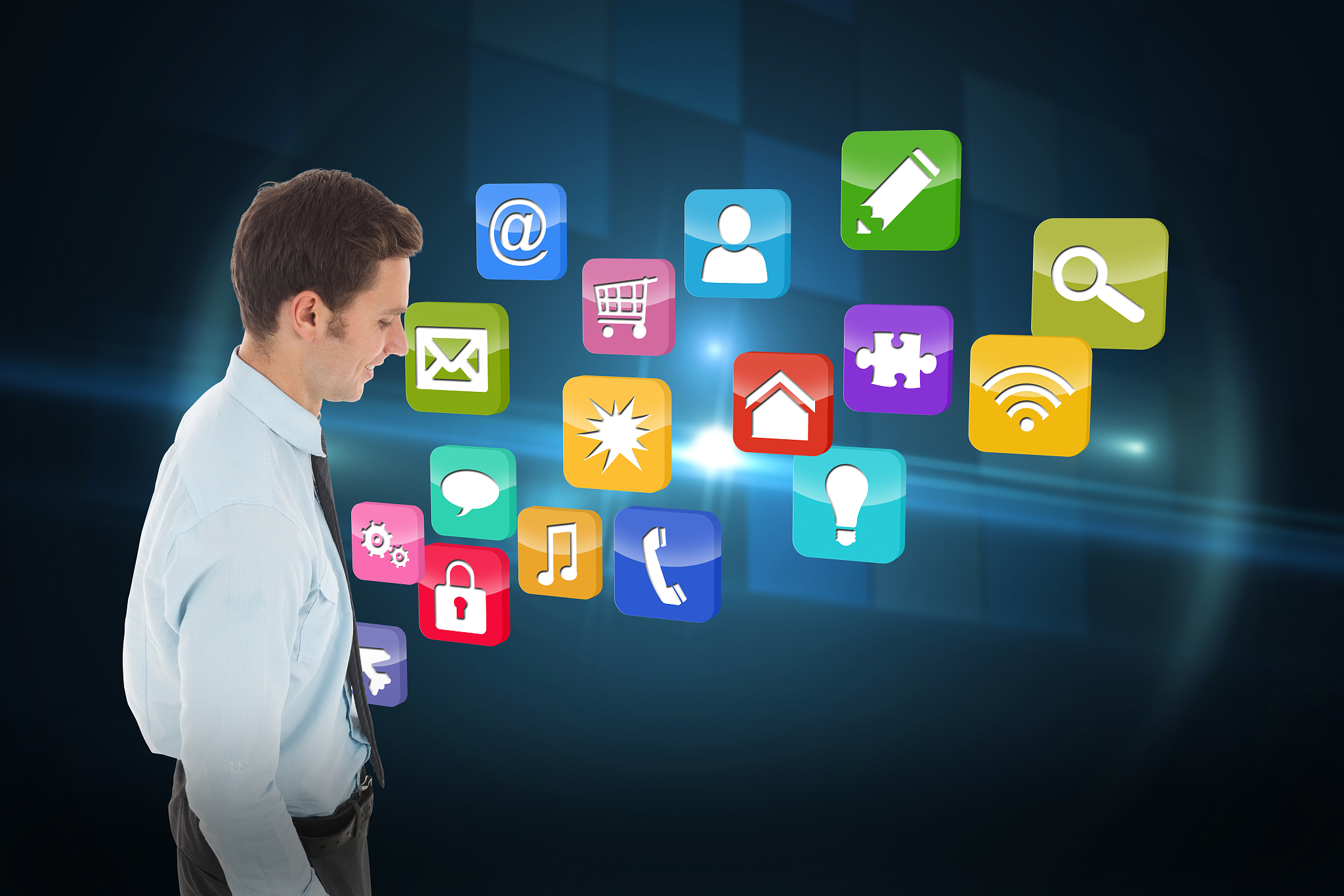 happy businessman standing with hand in pocket against technical