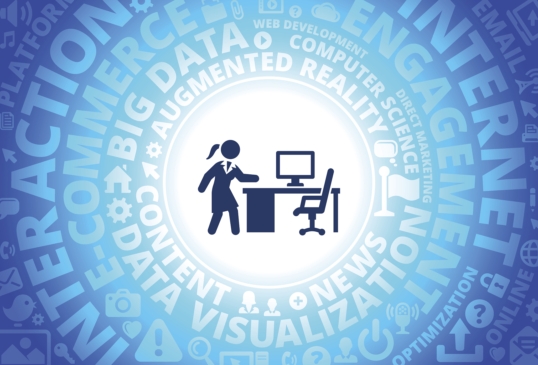 businesswoman working icon on internet modern technology words b