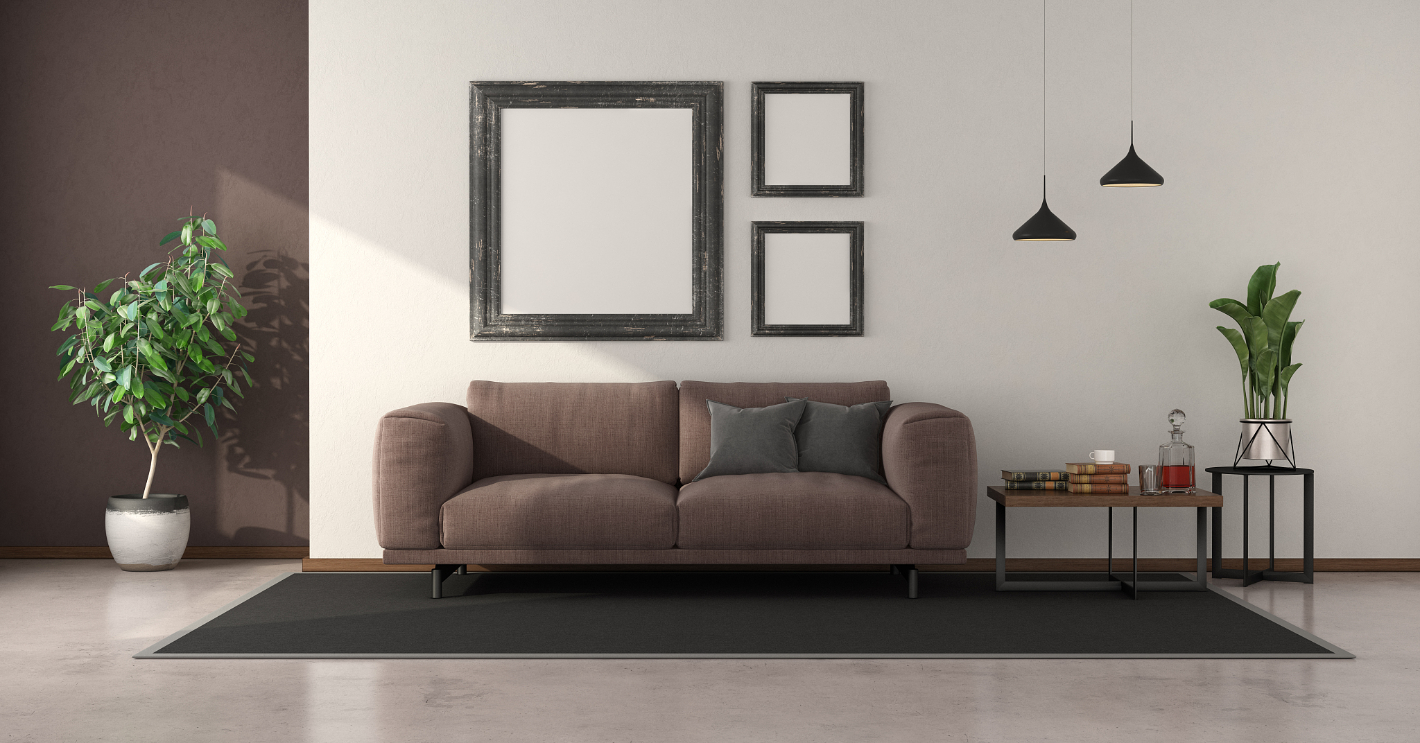 minimalist living room with brown sofa and coffee table