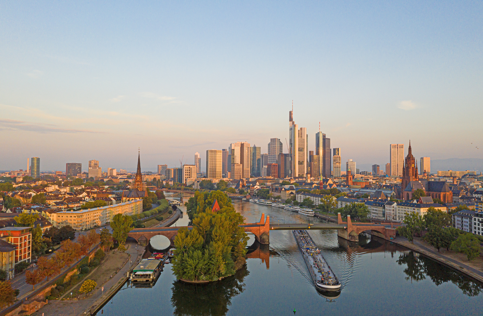aerial picture of the frankfurt skyline and river main during su