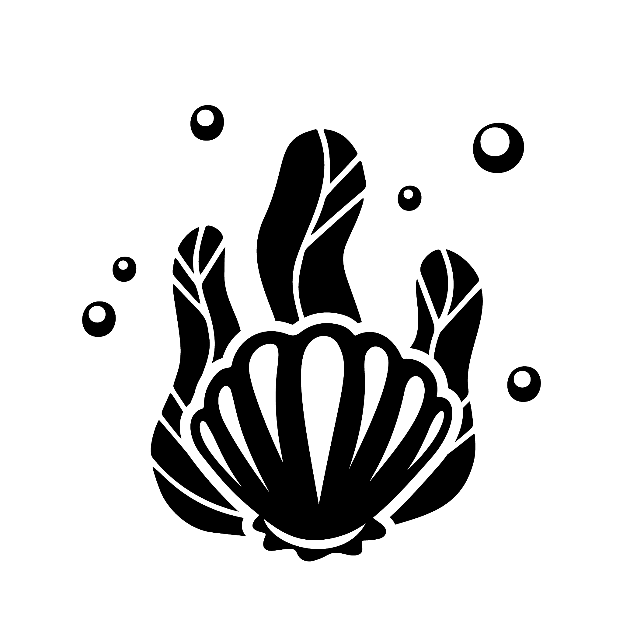 shell with seaweed and air bubbles. black hand drawn illustratio