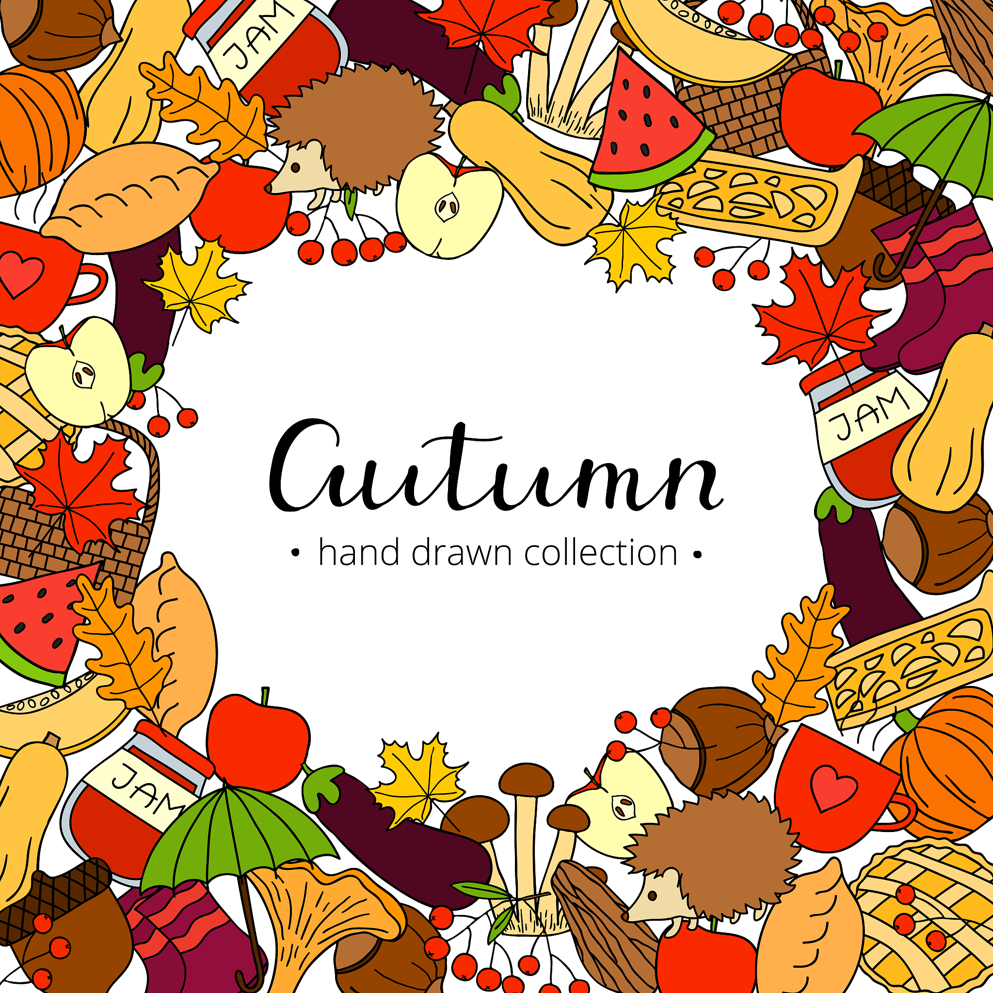 background with doodle autumn items.