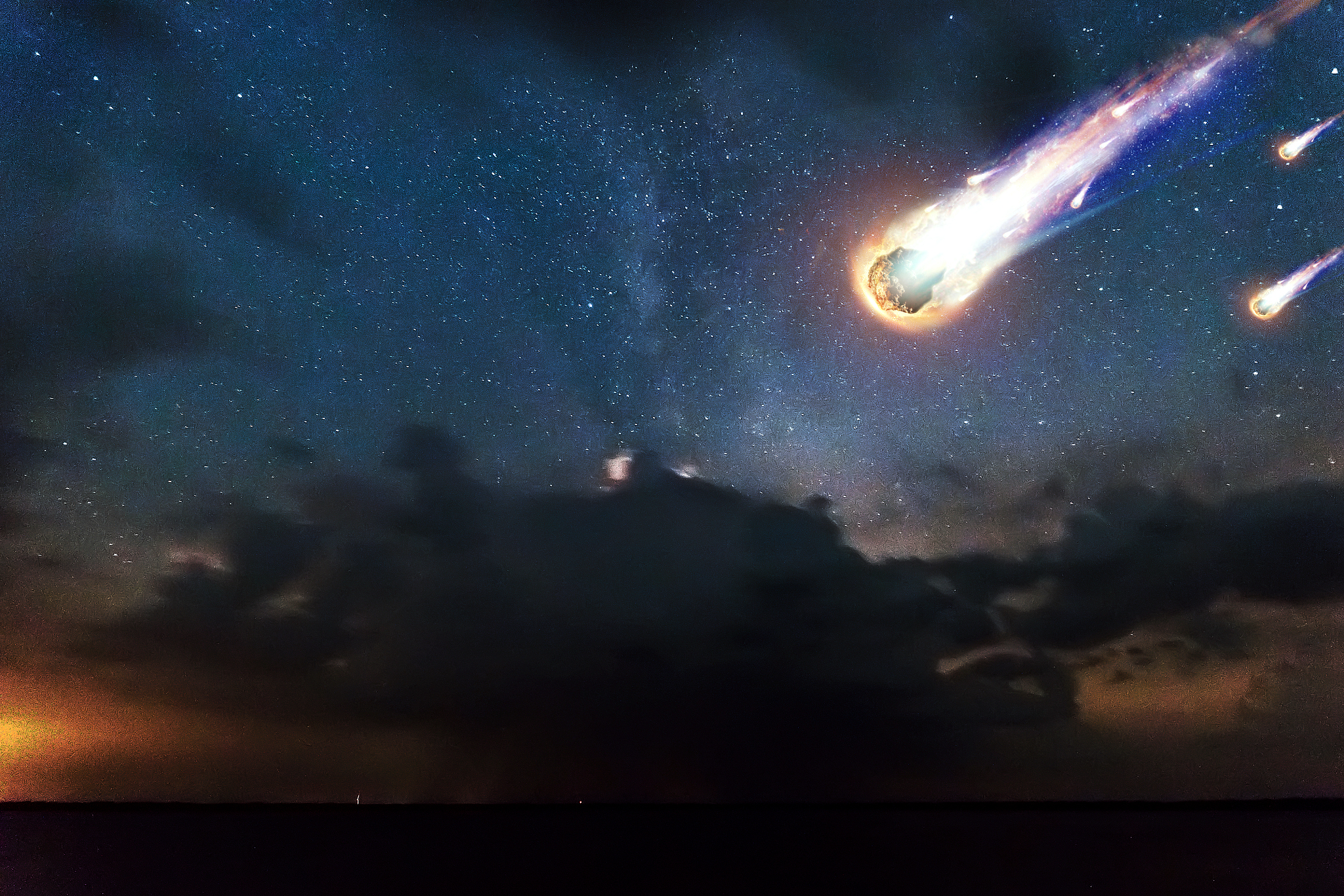 a lighting bolt striking from bright clouds in the night. belaru