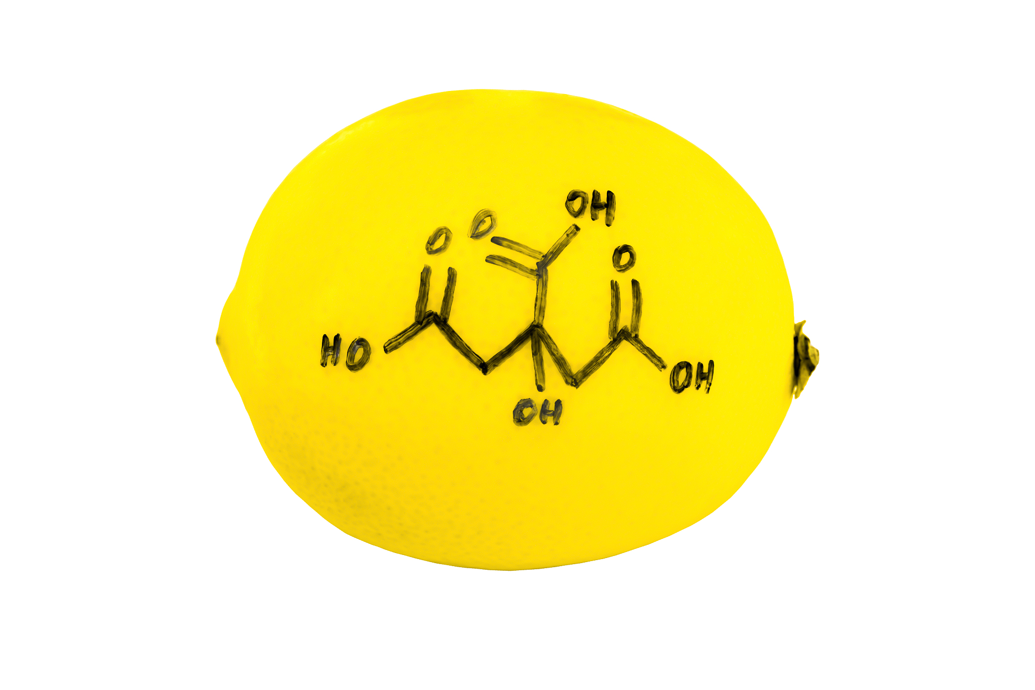 structure of a citric acid molecule painted on lemon peel