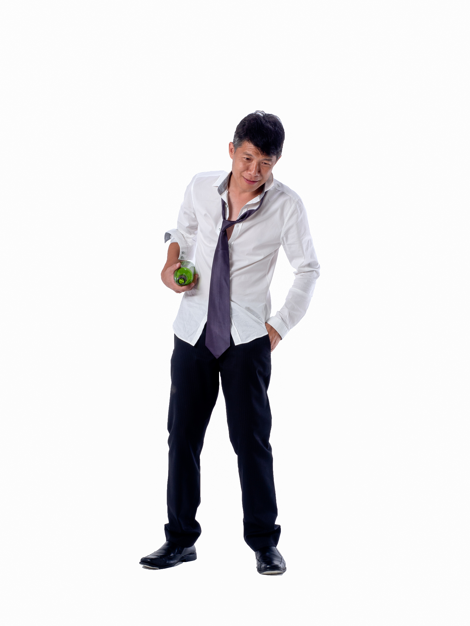 drunk business asia man wear black suit holding wine bottle and 