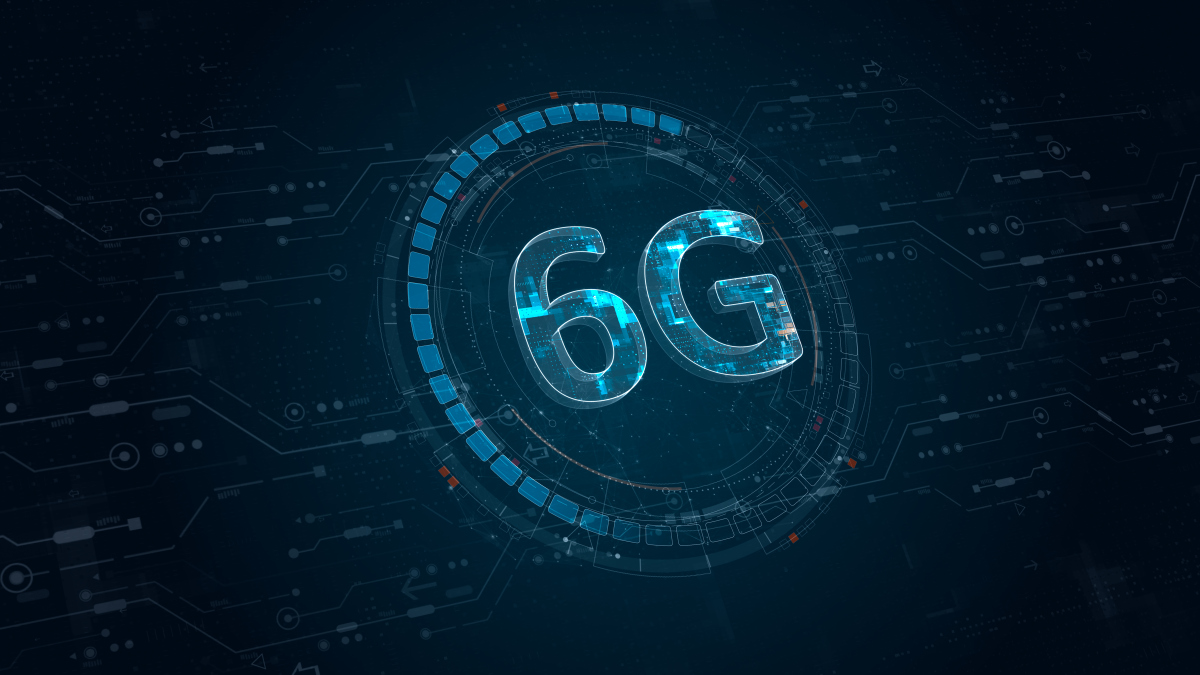 蓝色数字6g字母和圆形未来派hud元素,带有流动箭头,的
