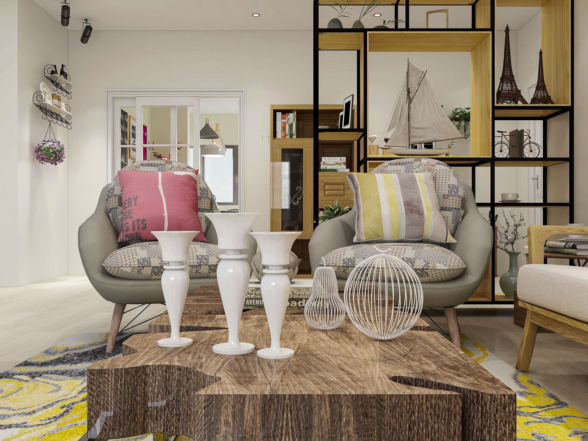 3d rendering, clean and tidy modern living room design, entrance