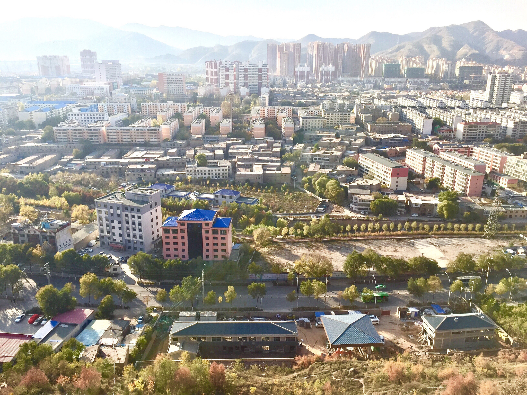 high angle view of houses in town