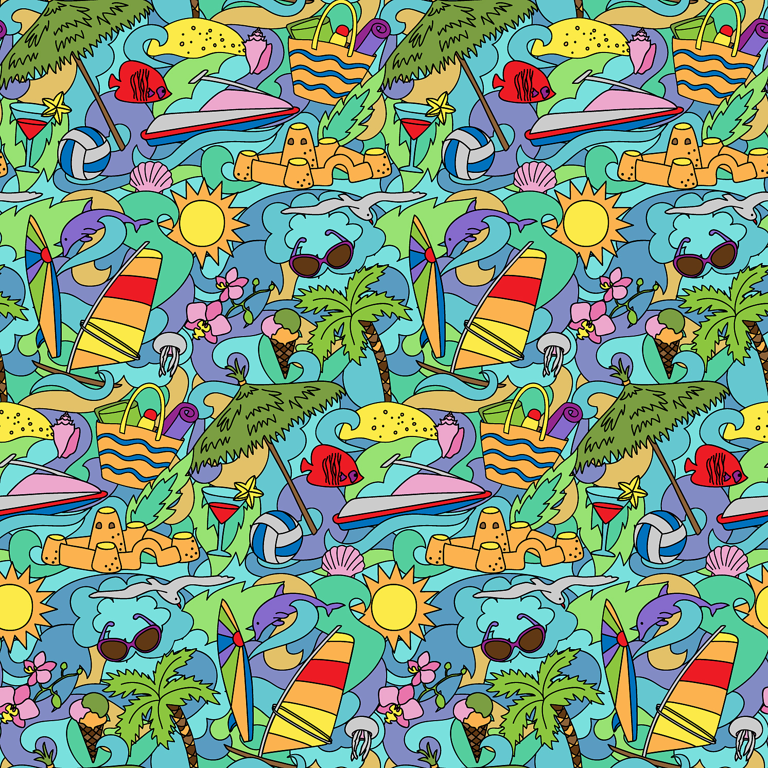 doodle summer beach seamless pattern