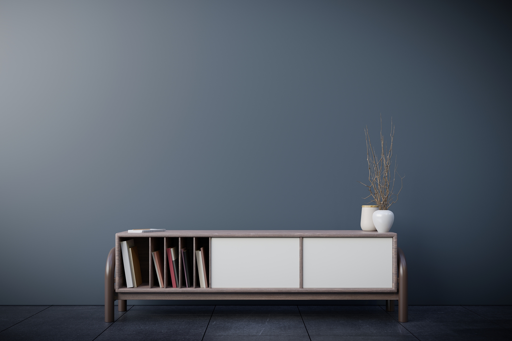 tv cabinet in modern empty room,dark wall.