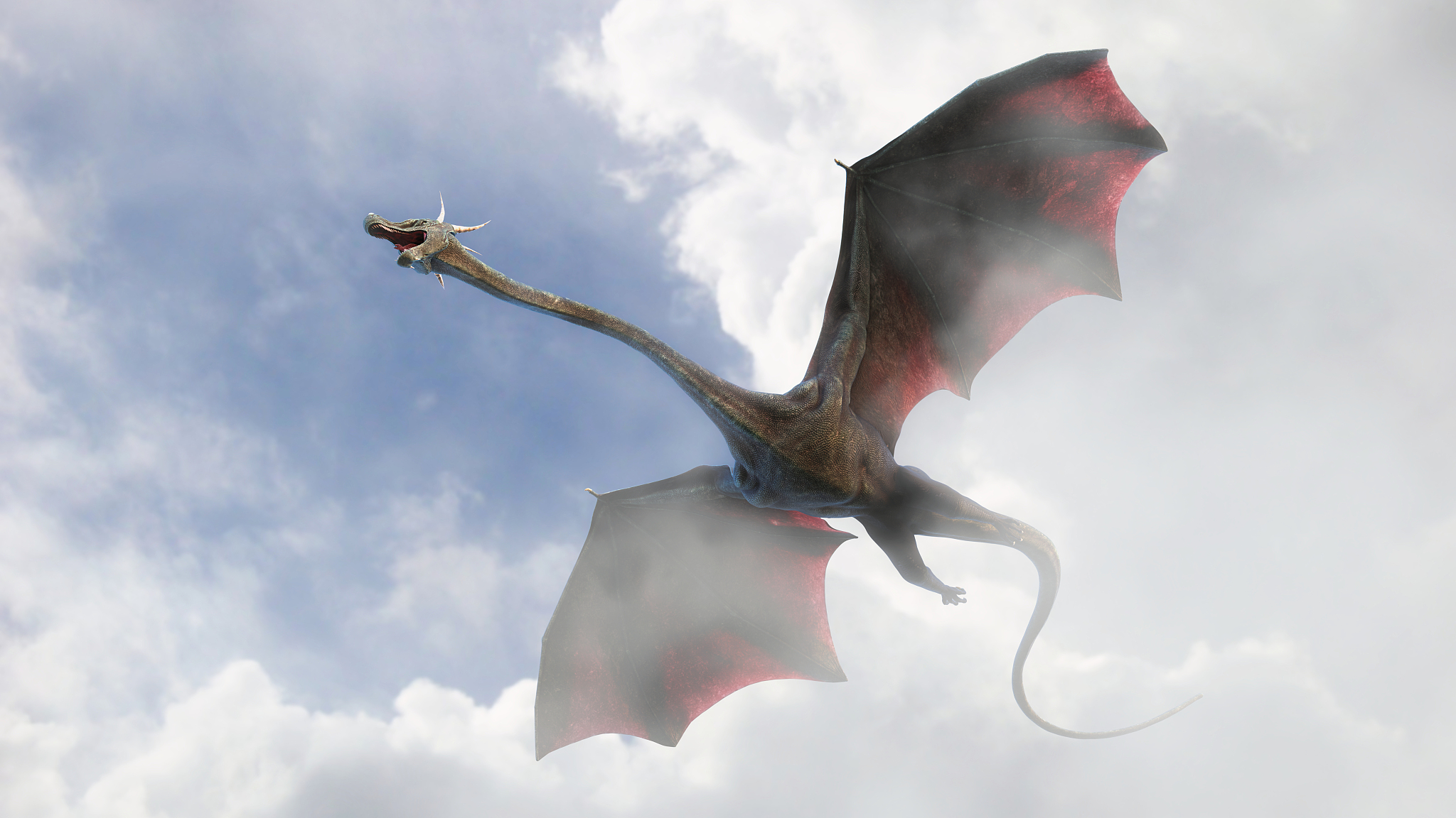 giant dragon, fairy tale creature flying through the clouds