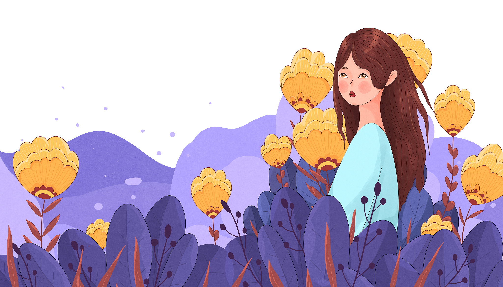 女生节插画花中女孩白背景