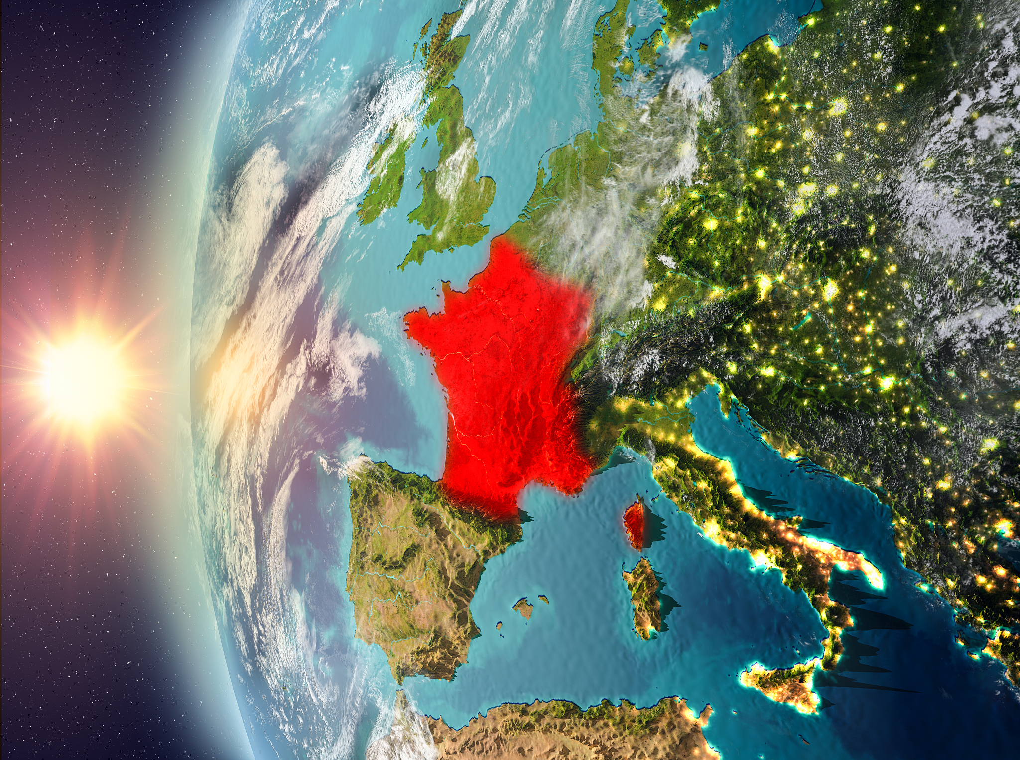 france during sunset from space