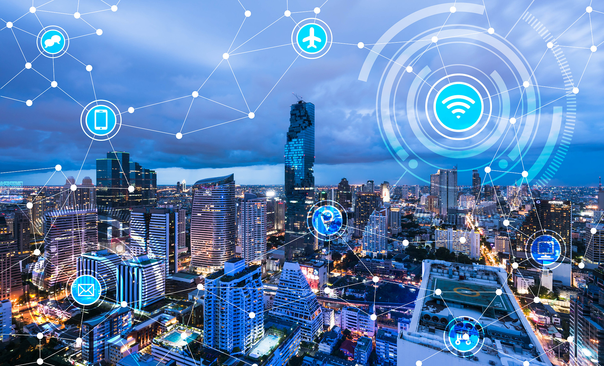 cityscape connected line, technology concept, internet of things
